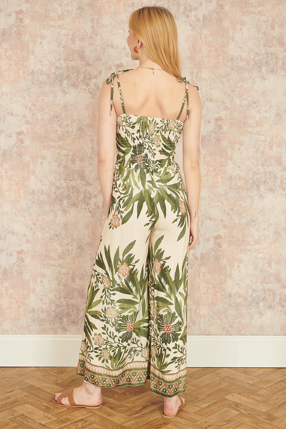 Yumi Green Palm Print Strappy Viscose Jumpsuit - Image 4