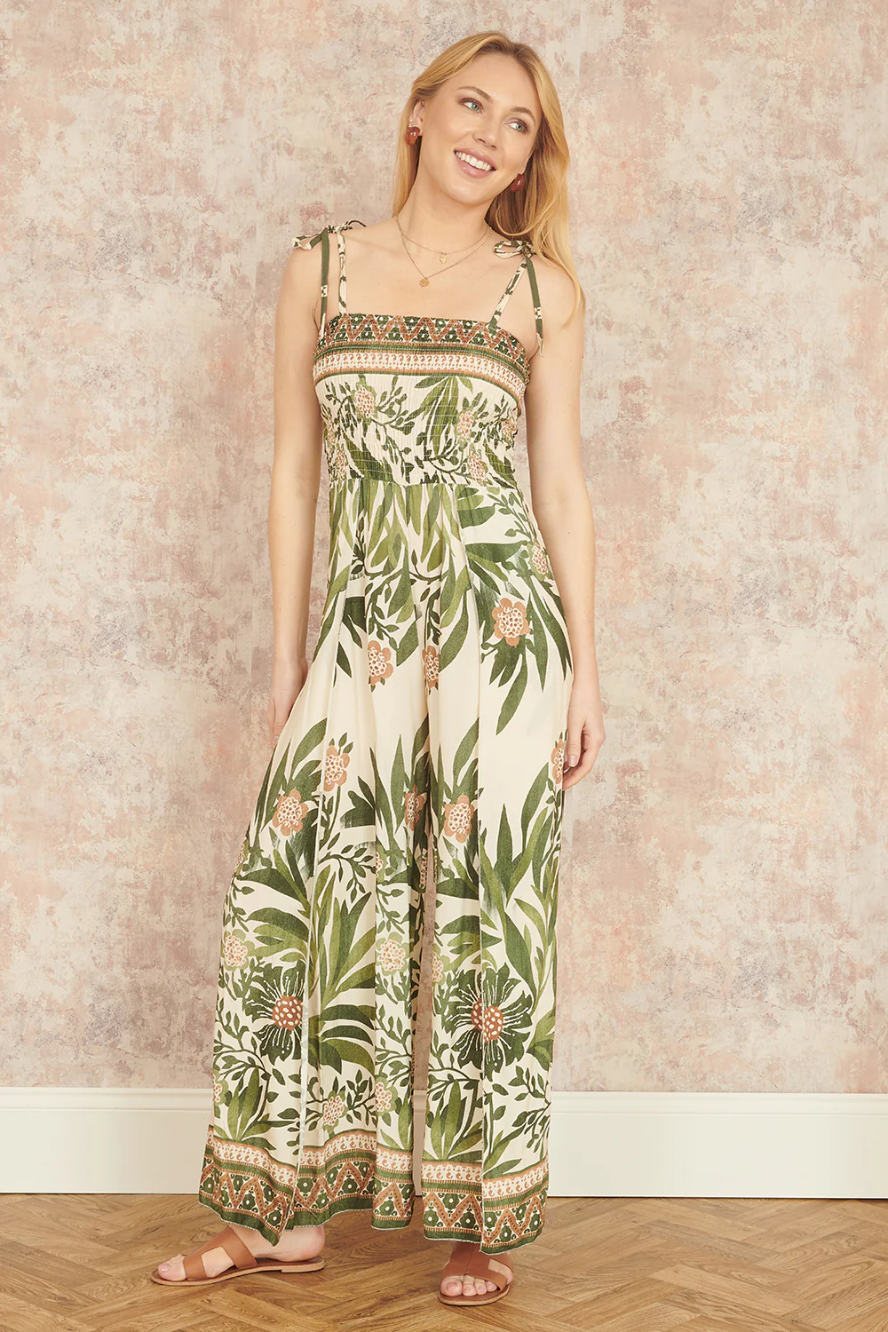 Yumi Green Palm Print Strappy Viscose Jumpsuit - Image 5