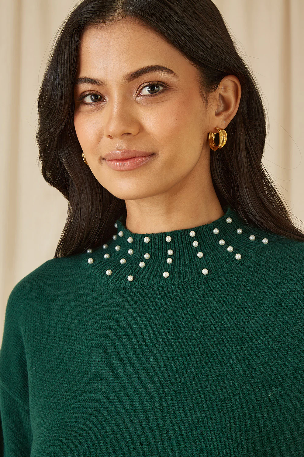 Yumi Green Pearl Detail Knitted Relaxed Jumper Dress - Image 2