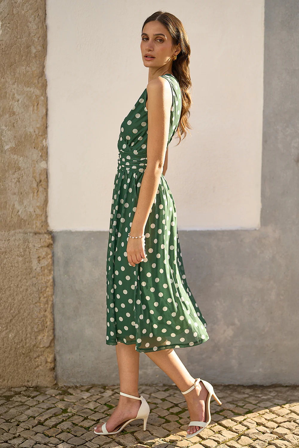 Yumi Green Polka Dot Mesh Wrap Skater Dress With Pockets - Image 3
