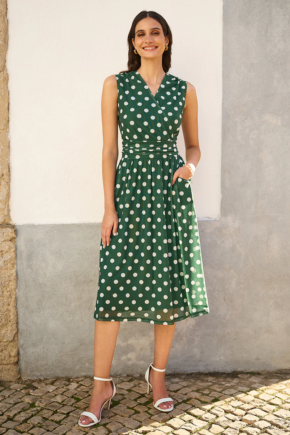 Yumi Green Polka Dot Mesh Wrap Skater Dress With Pockets - Image 4