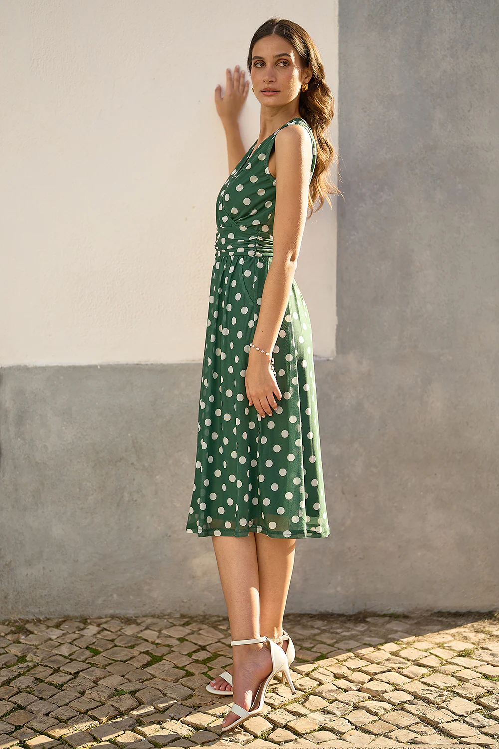 Yumi Green Polka Dot Mesh Wrap Skater Dress With Pockets - Image 5