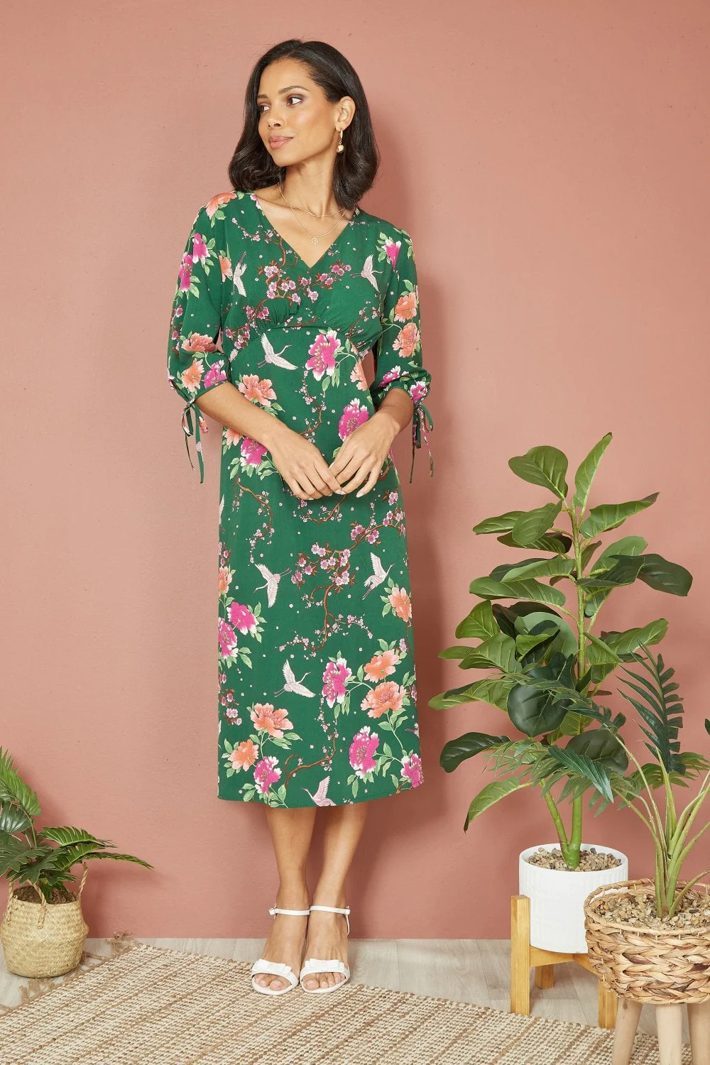 Yumi Green Recycled Crane Print Kimono Midi Dress - Image 2