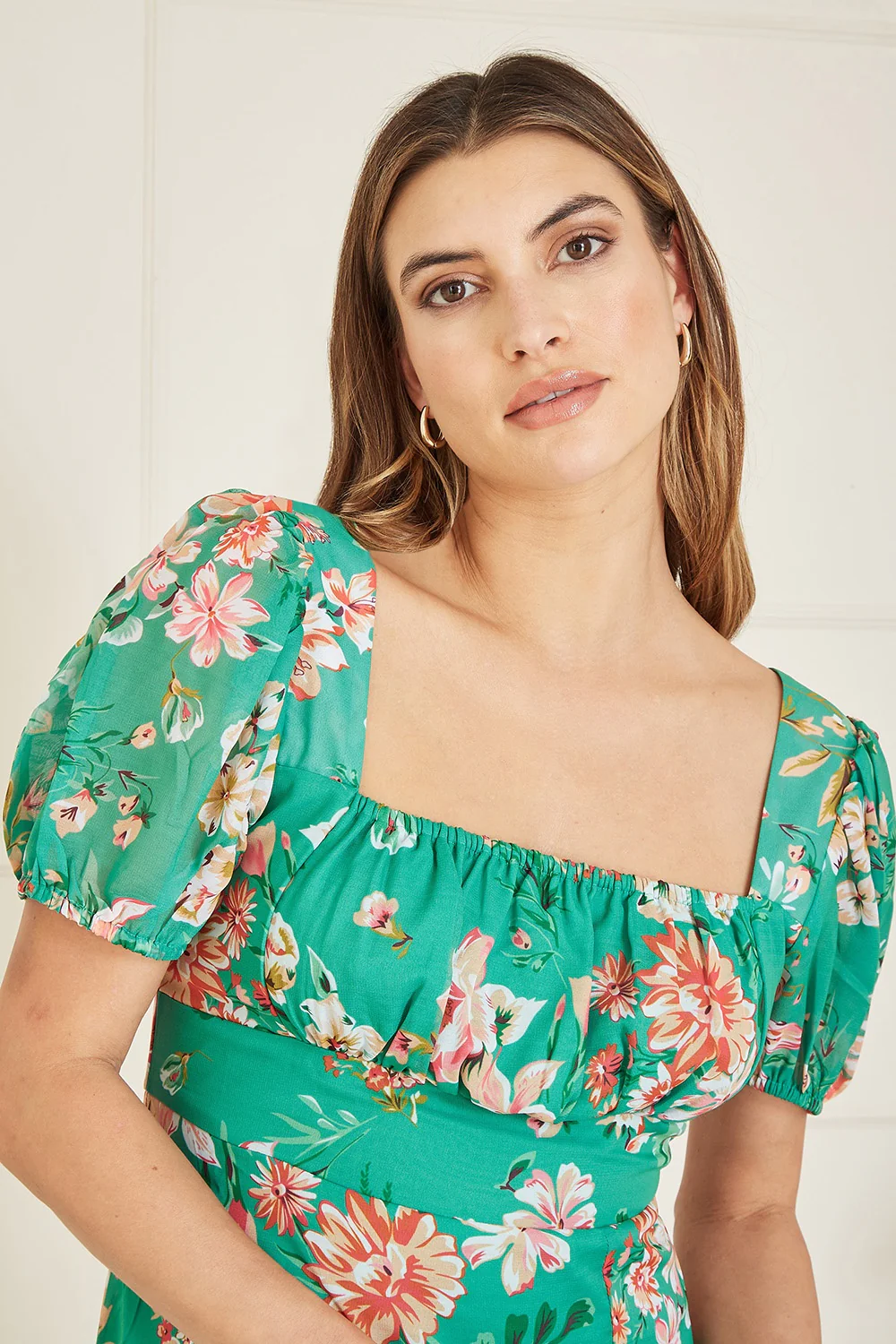 Yumi Green Recycled Floral Print Square Neck Maxi Dress With Split Hemline - Image 3