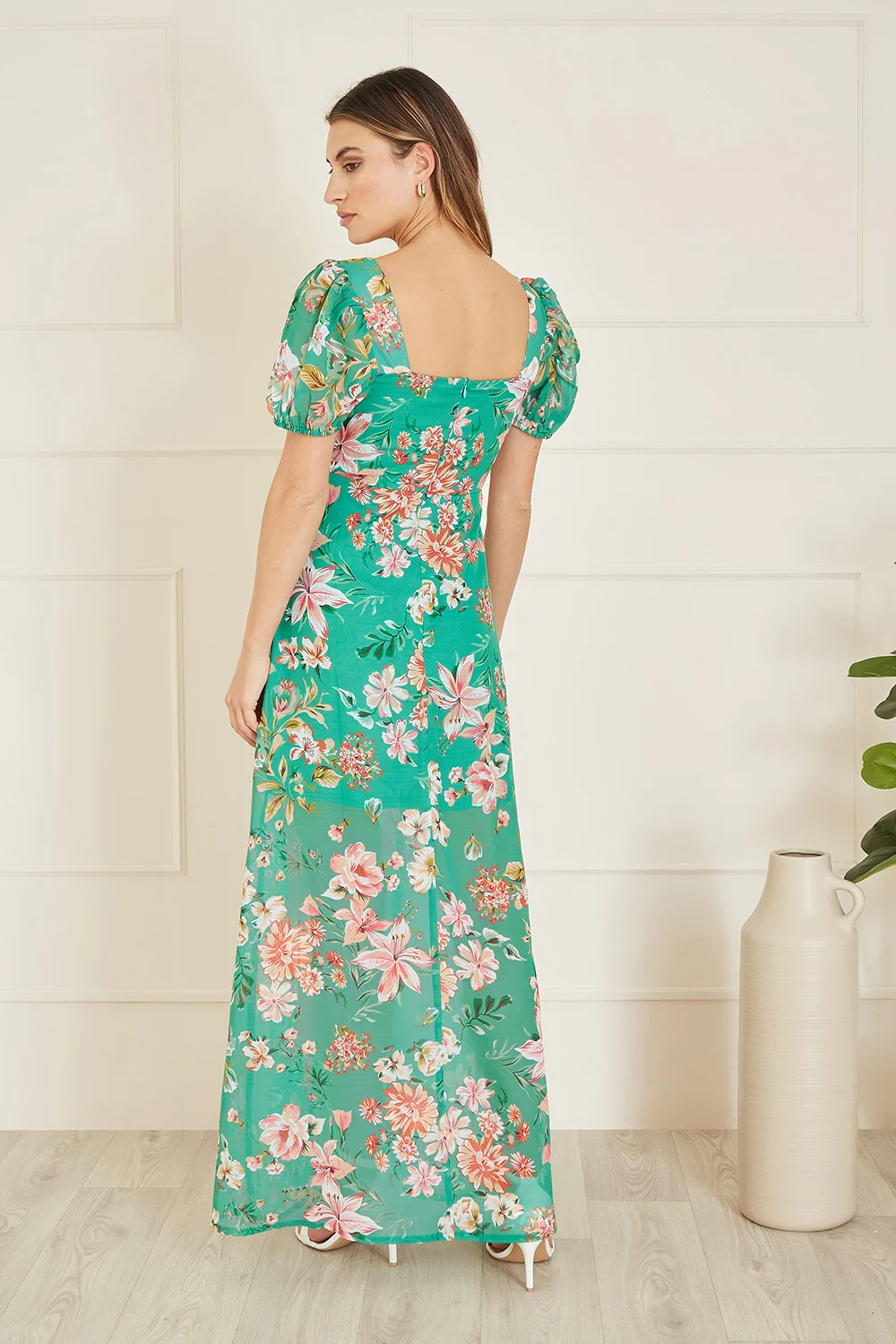 Yumi Green Recycled Floral Print Square Neck Maxi Dress With Split Hemline - Image 4