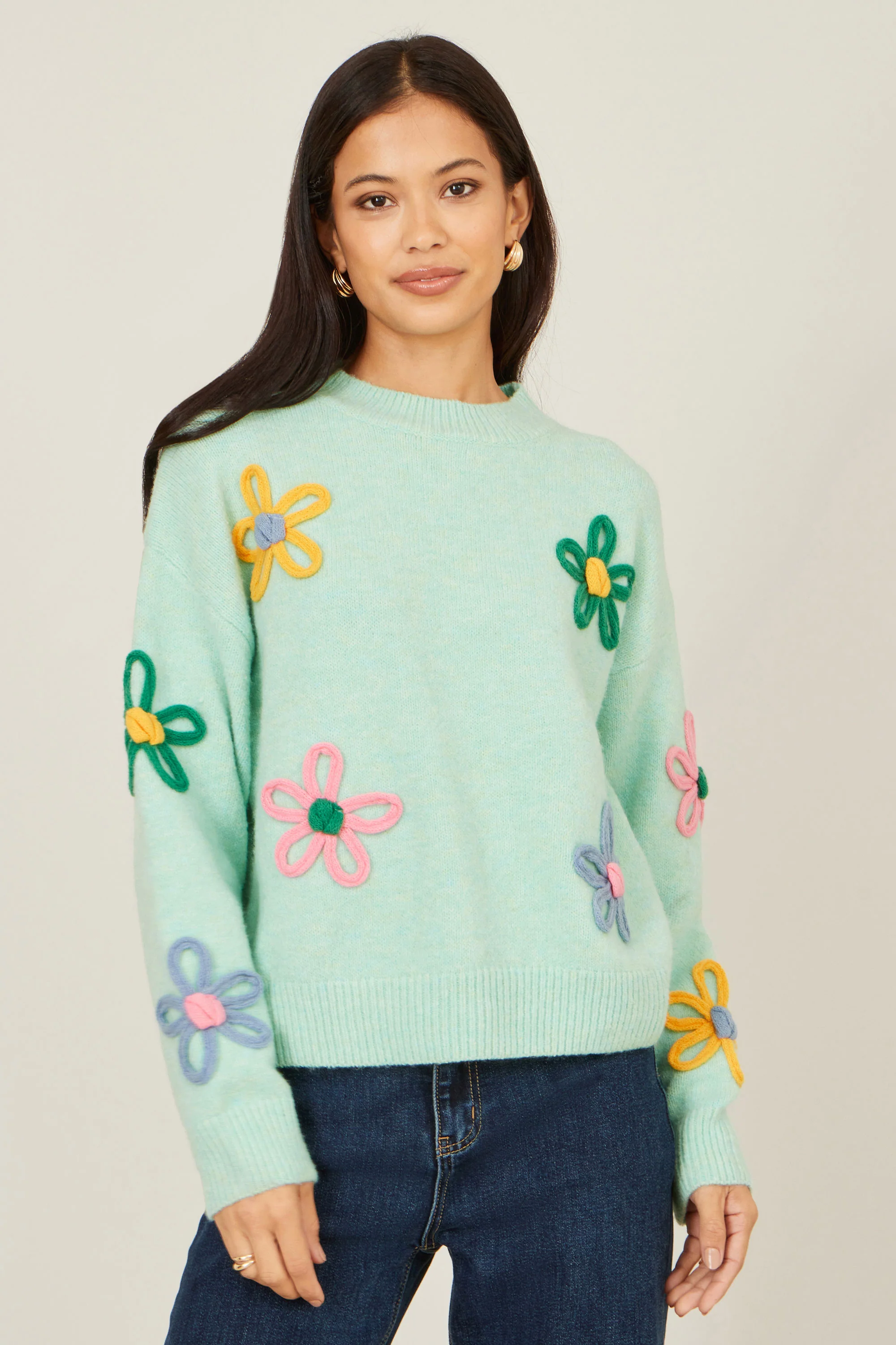 Yumi Green Relaxed Flower Embroidered Jumper - Image 5