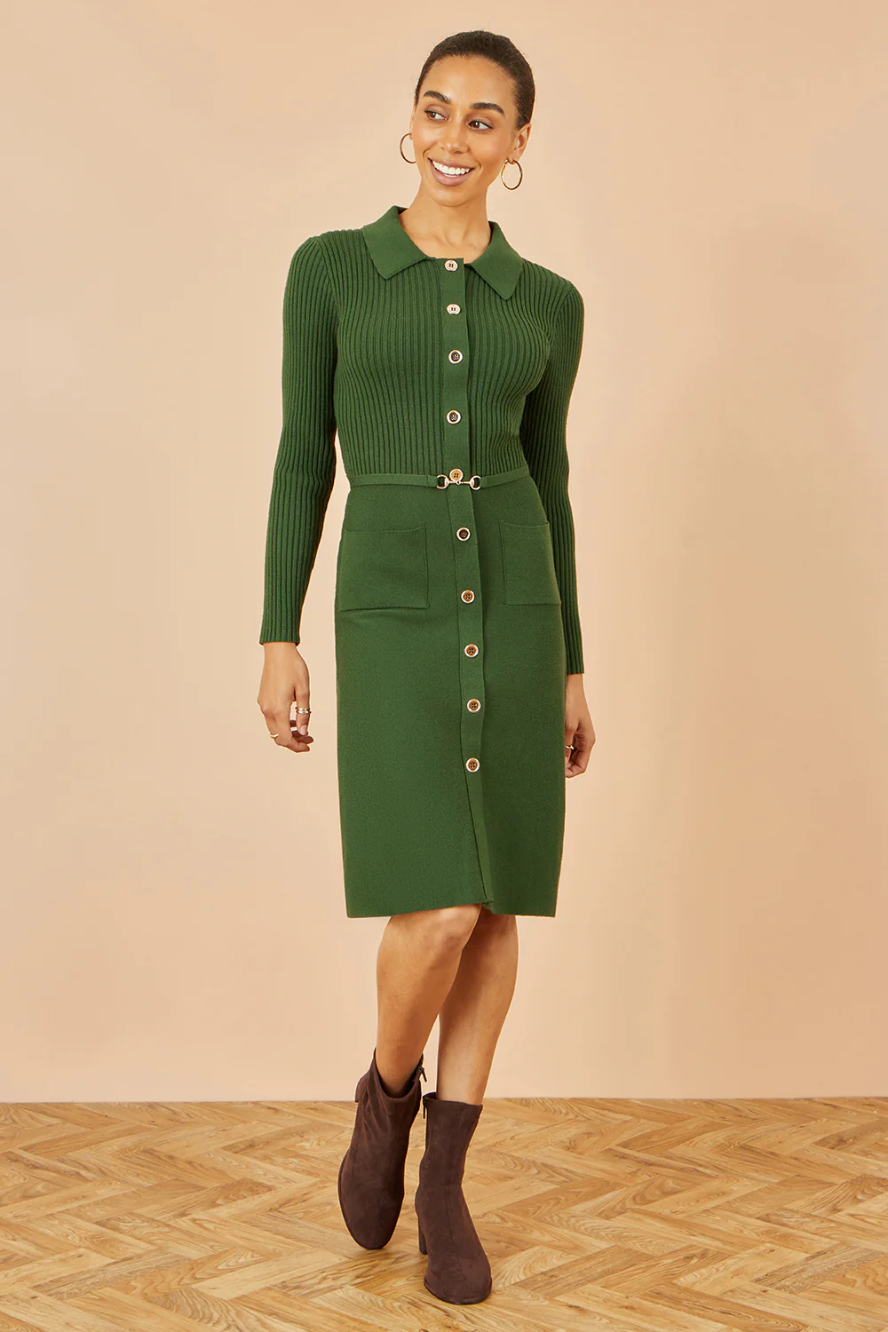 Yumi Green Rib Knit Midi Shirt Dress With Snaffle Belt - Image 2