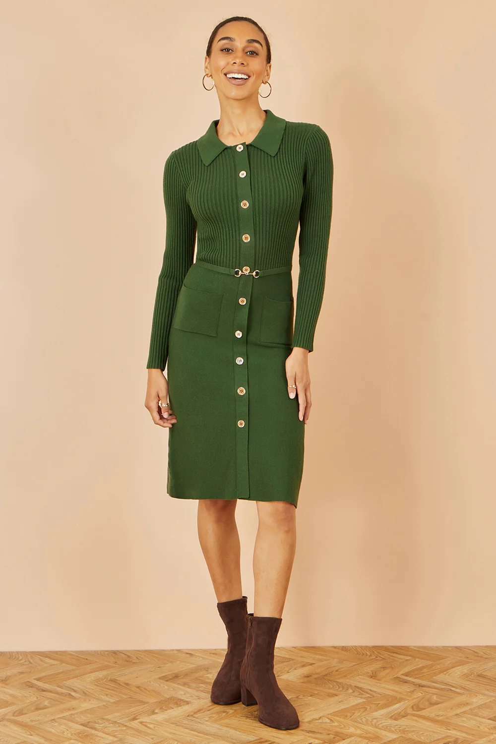 Yumi Green Rib Knit Midi Shirt Dress With Snaffle Belt - Image 4