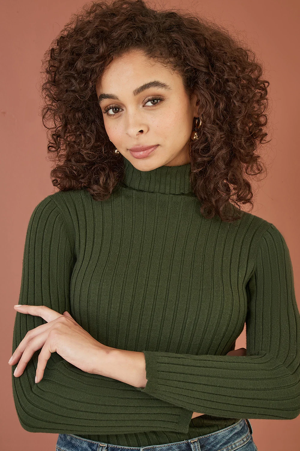 Yumi Green Ribbed Knit Roll Neck Jumper - Image 2