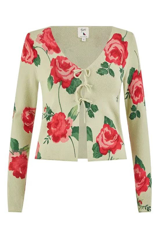 Yumi Green Rose Print Cardigan With Tie Front - Image 4