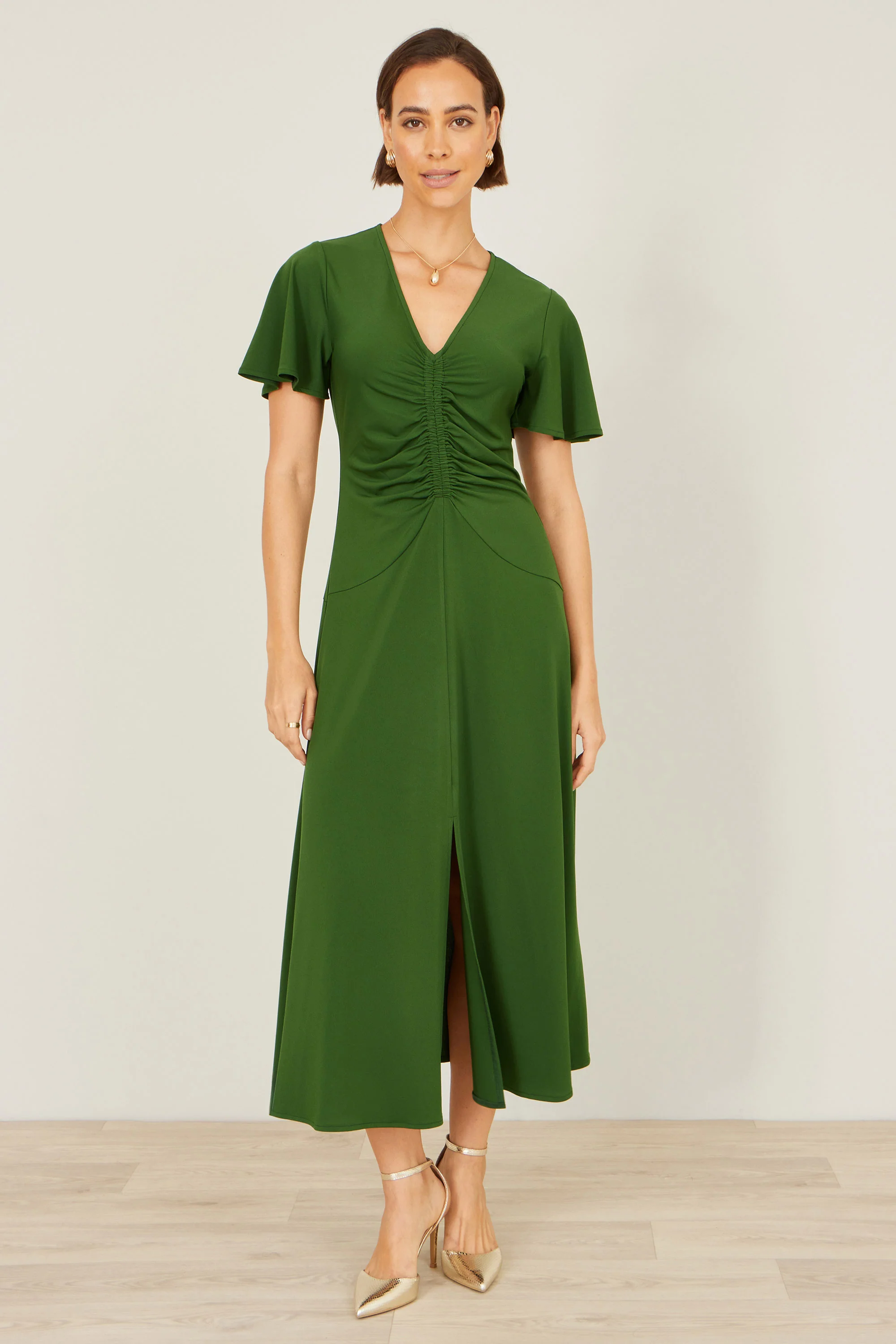 Yumi Green Ruched Front Stretch Midi Dress - Image 3