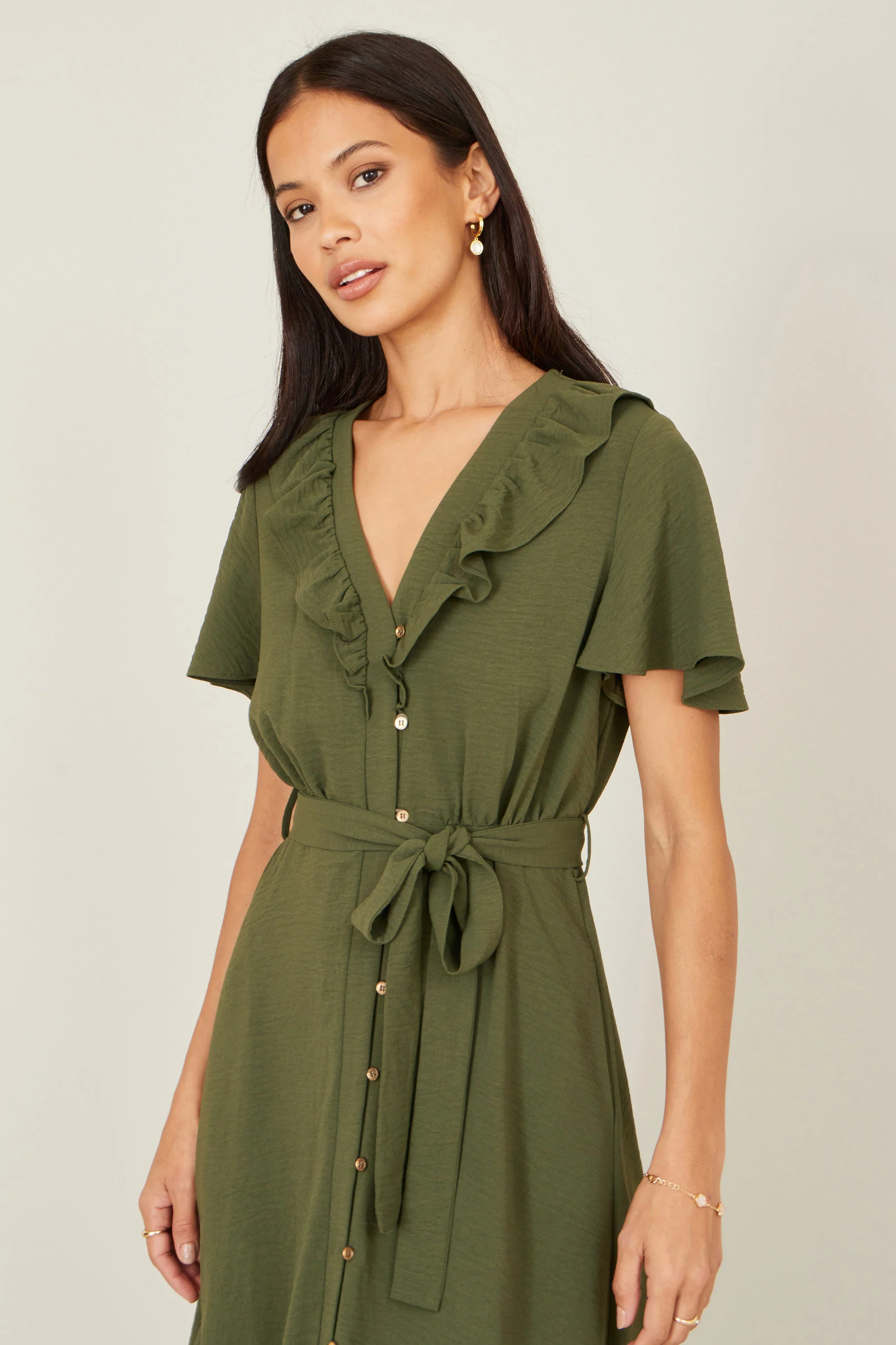 Yumi Green Ruffle Collar Midi Shirt Dress - Image 2
