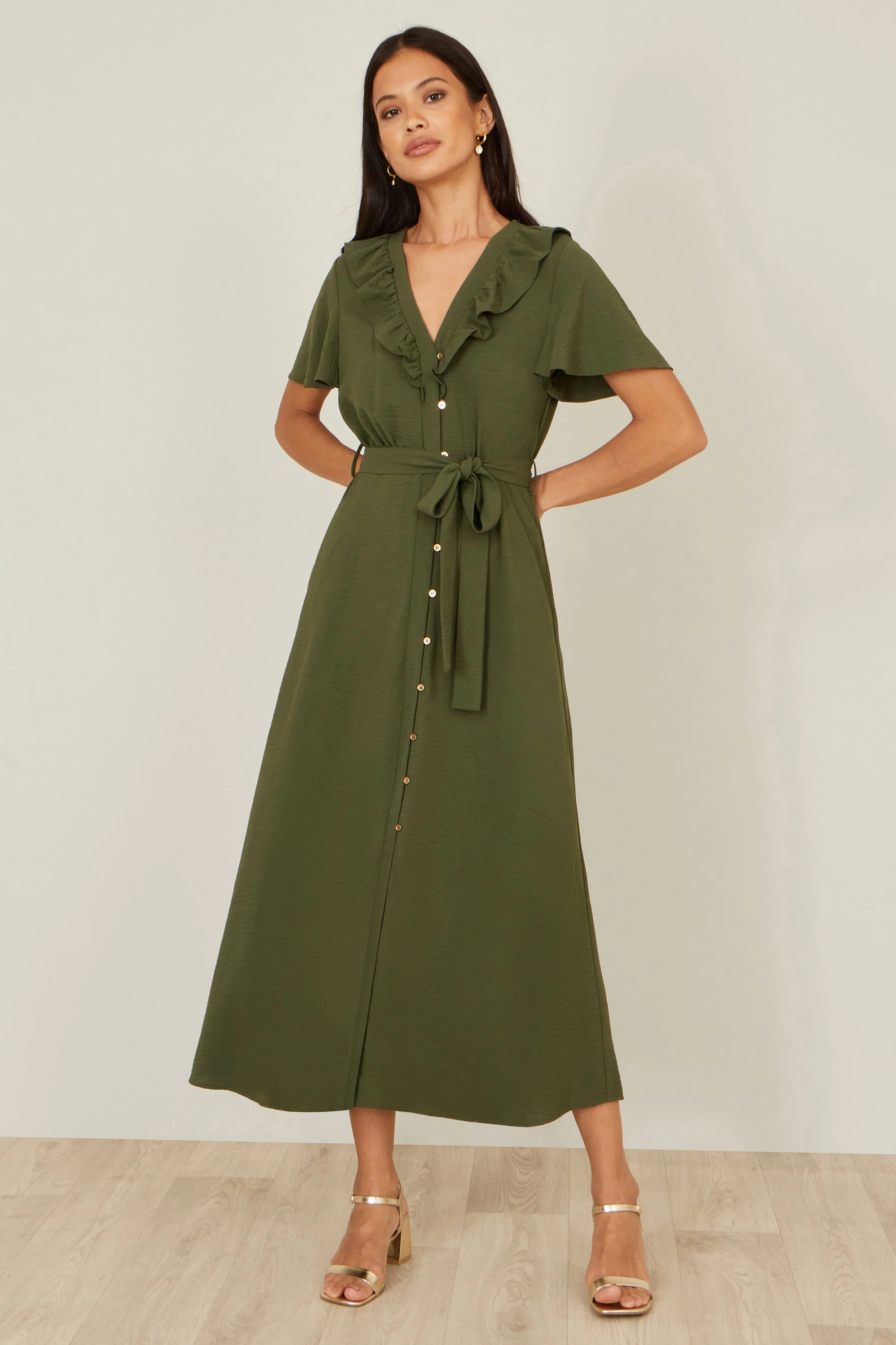 Yumi Green Ruffle Collar Midi Shirt Dress - Image 3