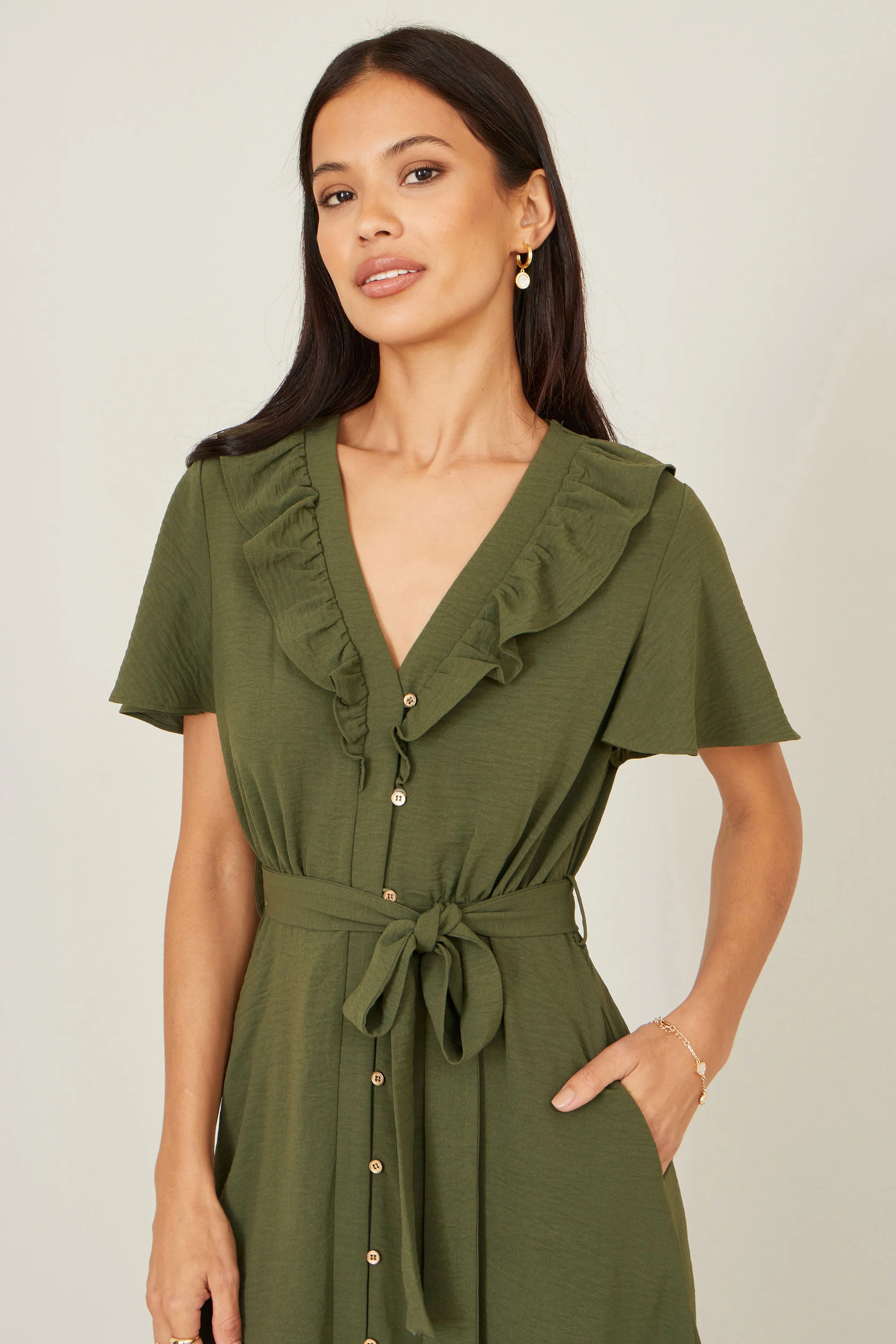 Yumi Green Ruffle Collar Midi Shirt Dress - Image 5