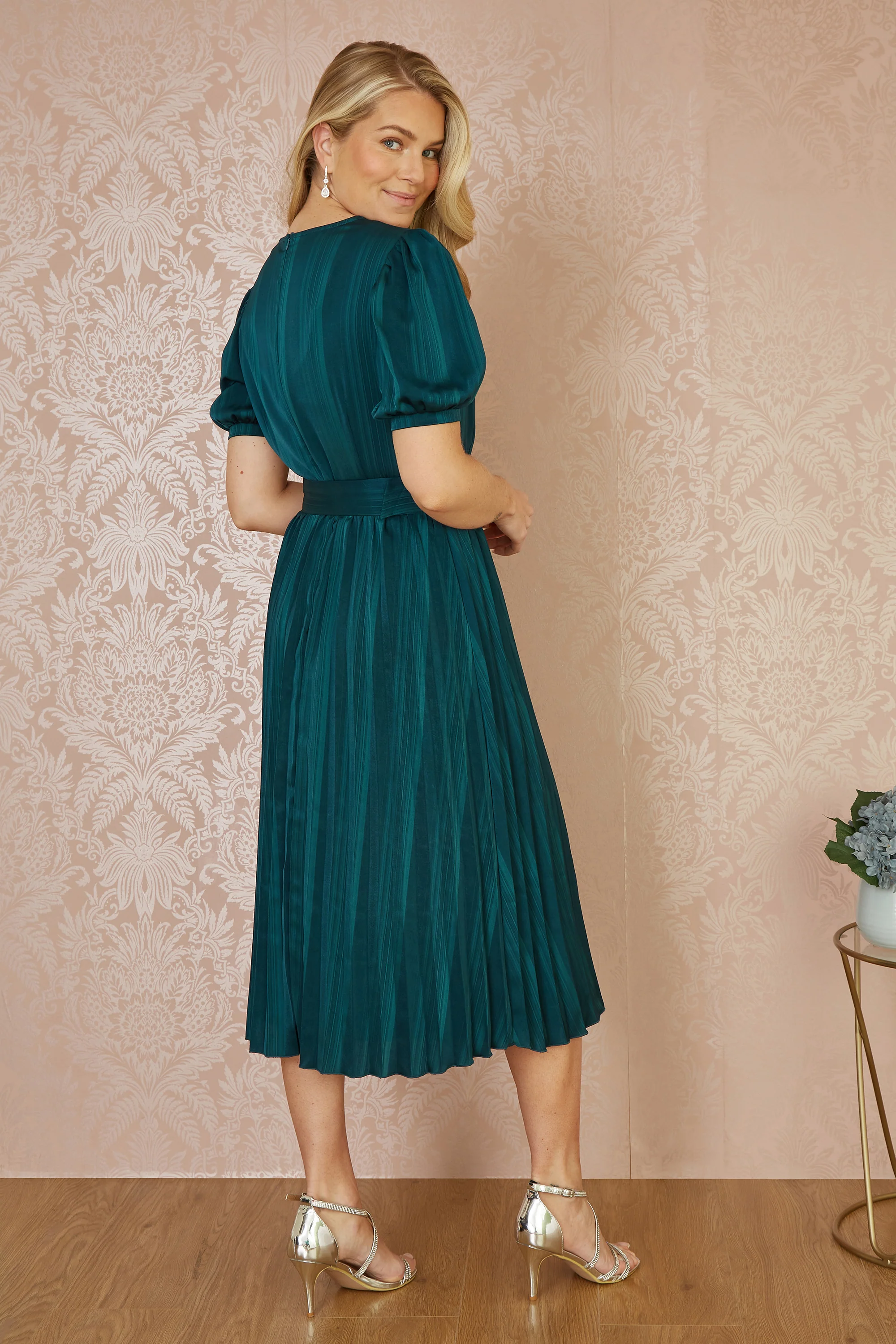 Yumi Green Satin Striped Midi Dress With Pleats and Matching Belt - Image 4