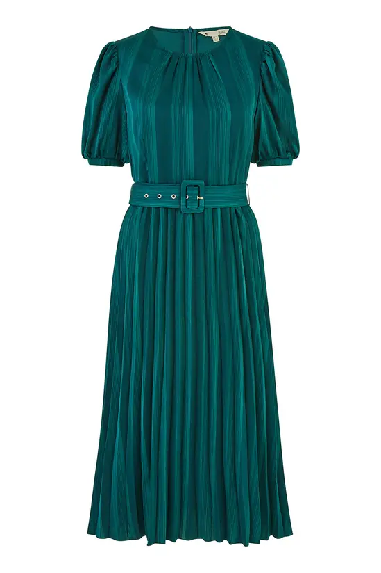 Yumi Green Satin Striped Midi Dress With Pleats and Matching Belt - Image 7