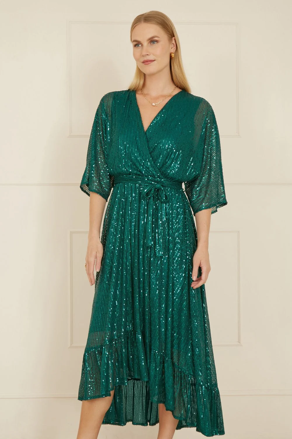 Yumi Green Sequin Kimono Midi Wrap Dress - Image 3