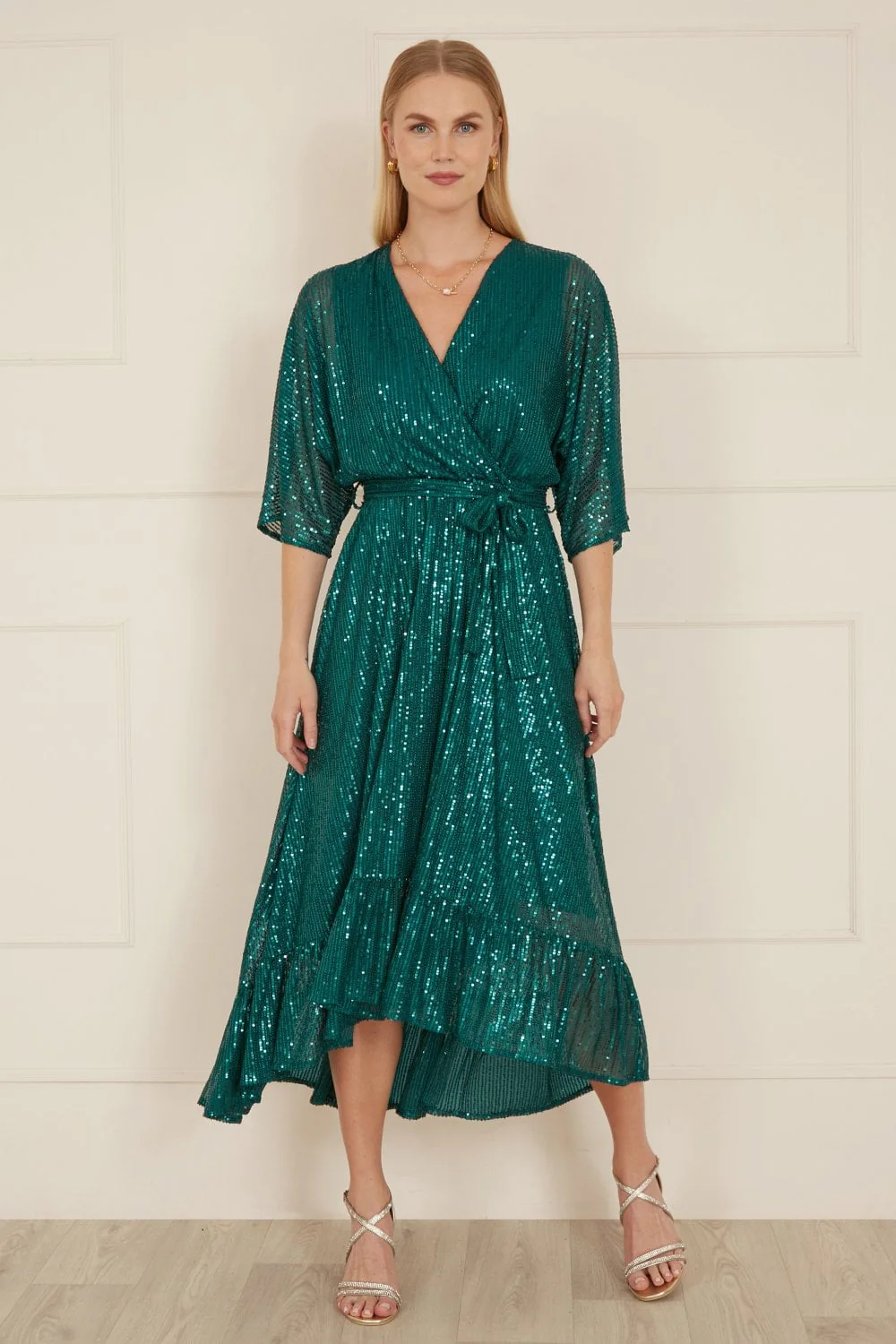 Yumi Green Sequin Kimono Midi Wrap Dress - Image 4