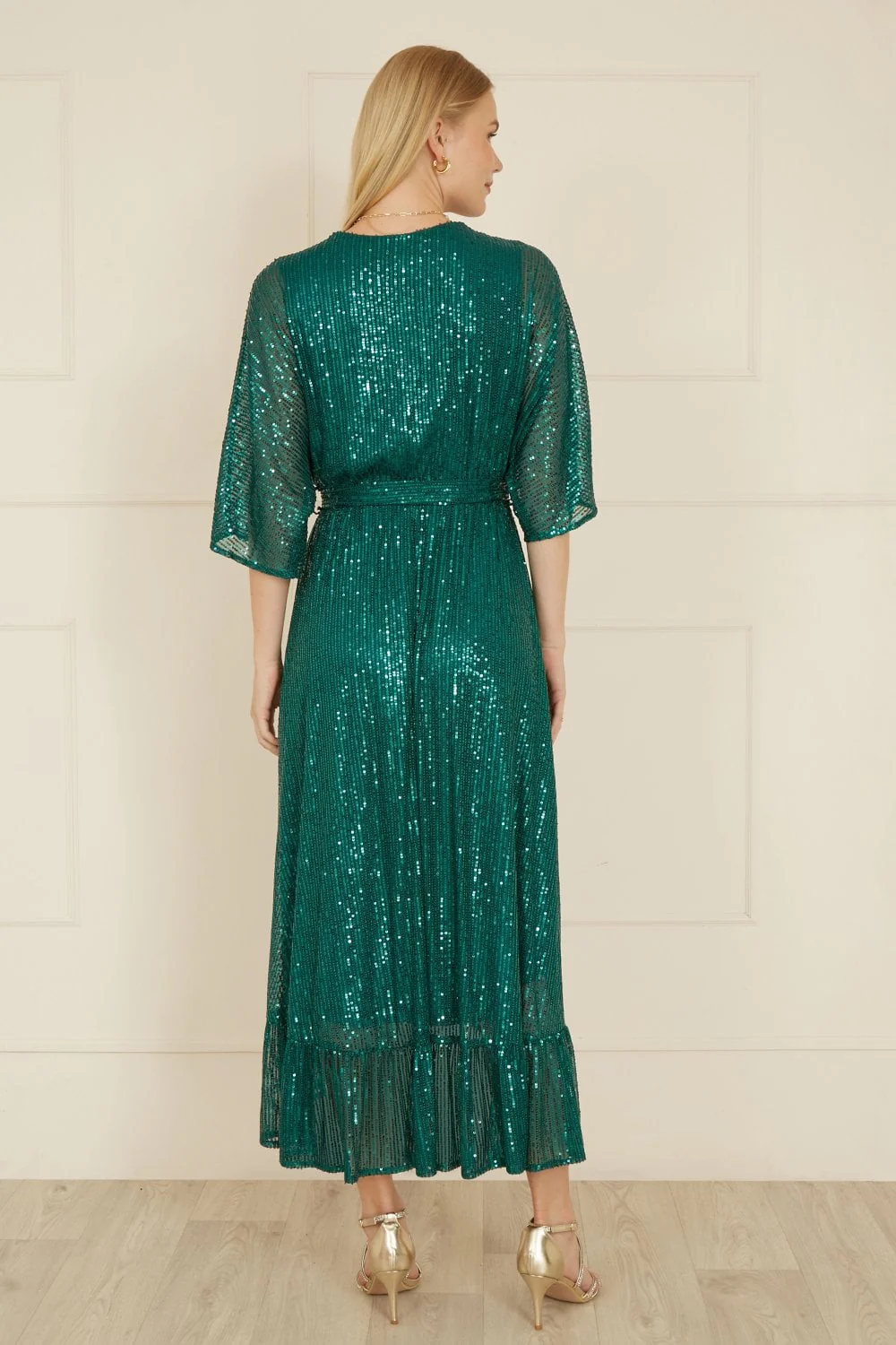 Yumi Green Sequin Kimono Midi Wrap Dress - Image 5