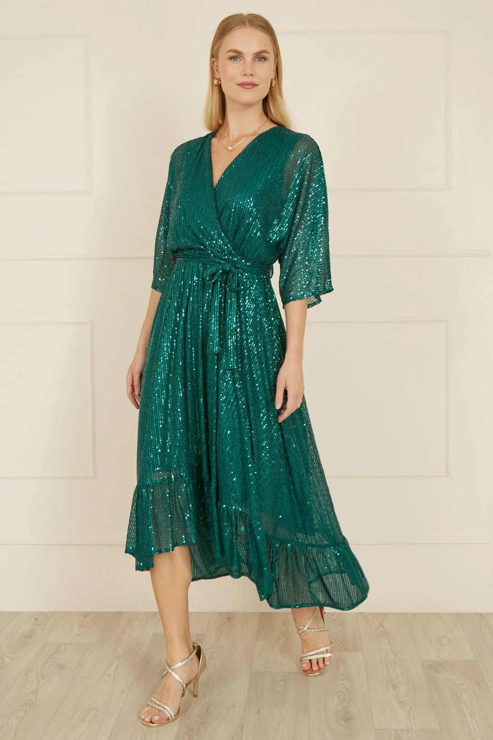 Yumi Green Sequin Kimono Midi Wrap Dress - Image 7