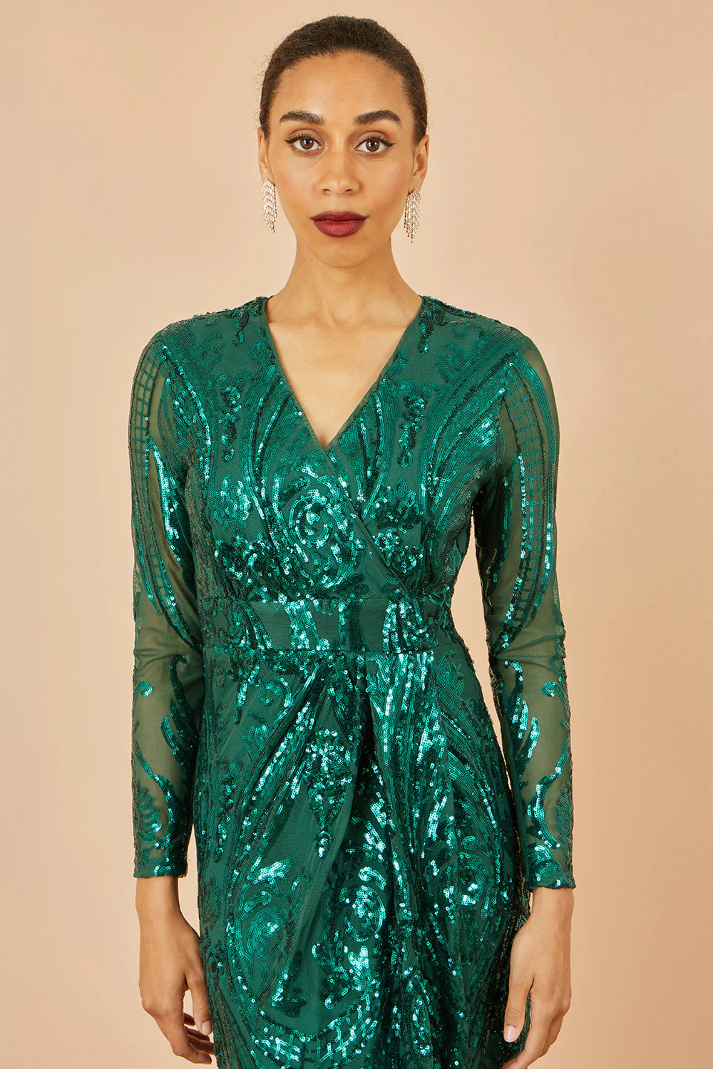 Yumi Green Sequin Midi Wrap Dress With Split Hemline And Long Sleeves - Image 2