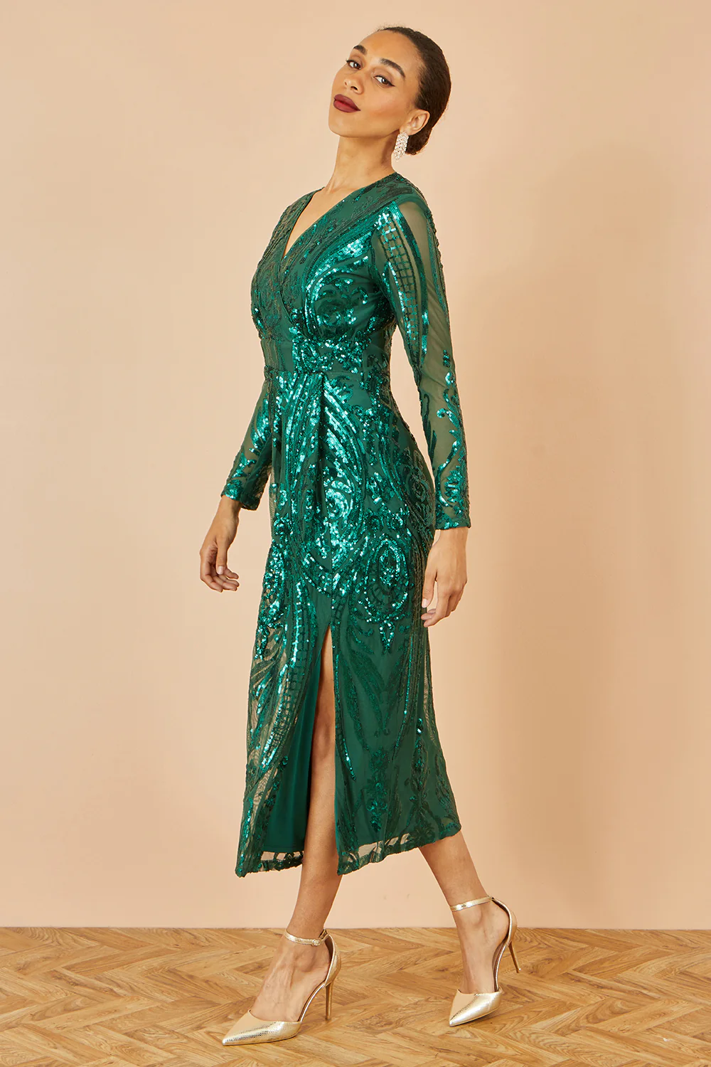 Yumi Green Sequin Midi Wrap Dress With Split Hemline And Long Sleeves - Image 3