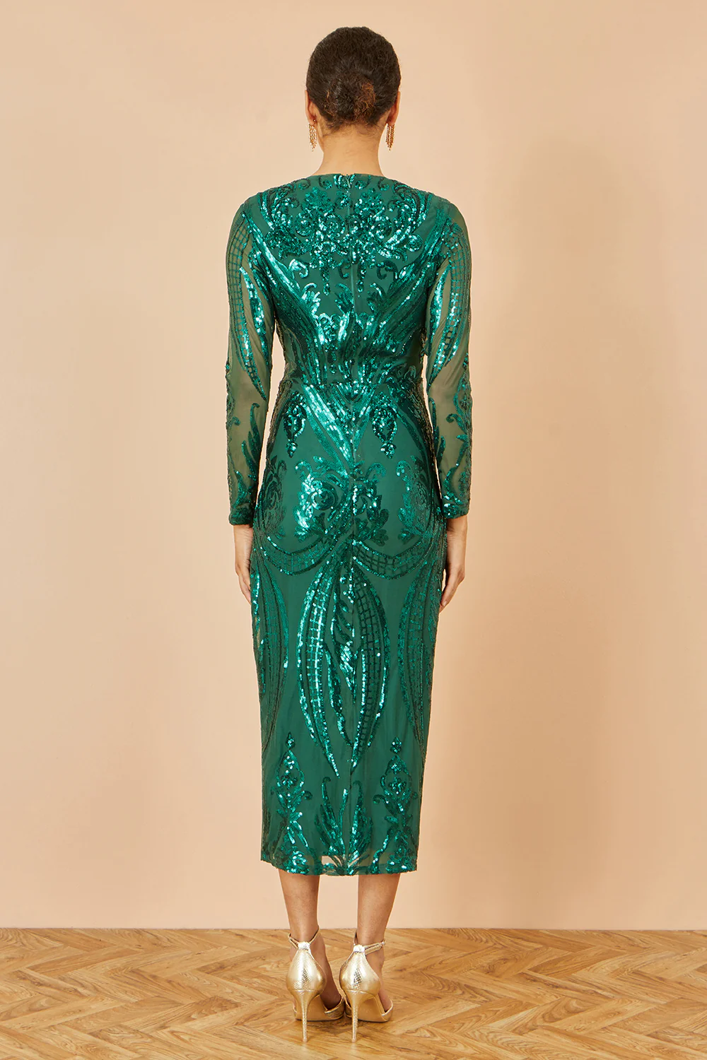 Yumi Green Sequin Midi Wrap Dress With Split Hemline And Long Sleeves - Image 5