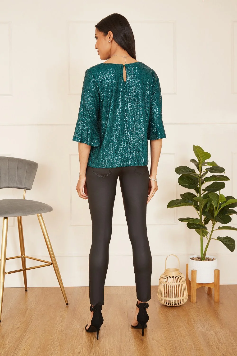 Yumi Green Sequin Top With Fluted Sleeve - Image 4