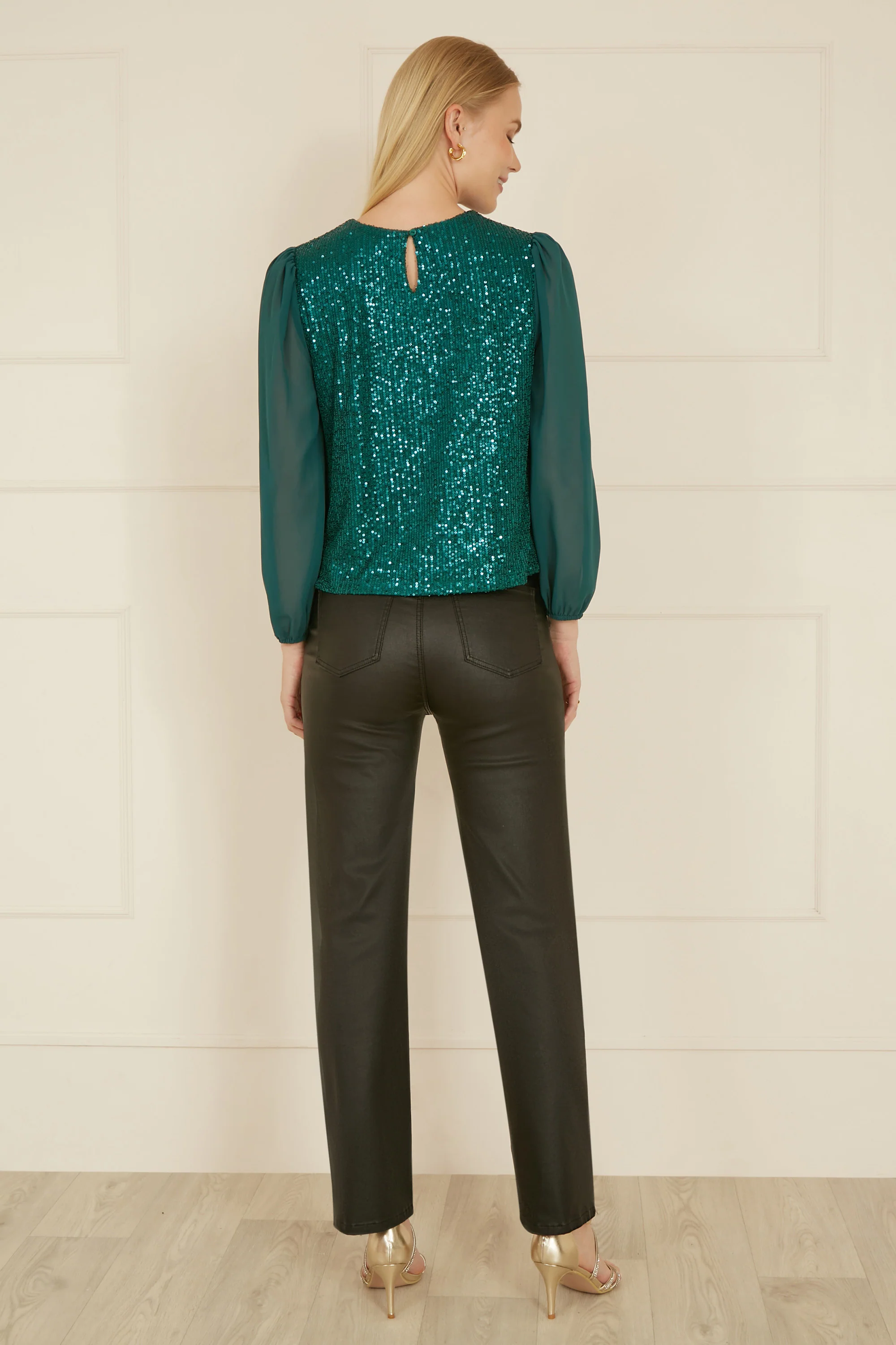 Yumi Green Sequin Top With Sheer Sleeves - Image 2