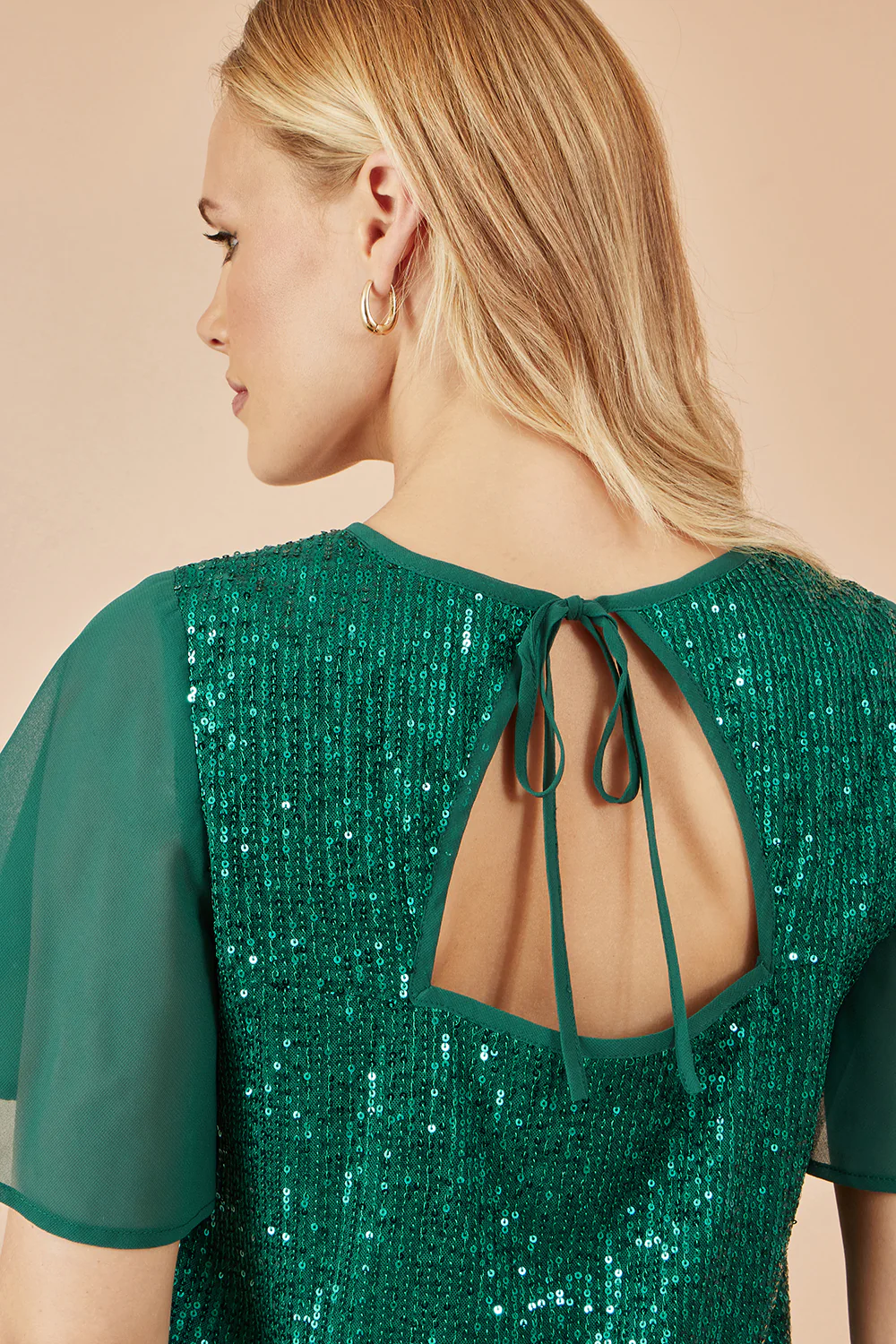 Yumi Green Sequin Top With Sheer Sleeves And Cut Out Back - Image 2