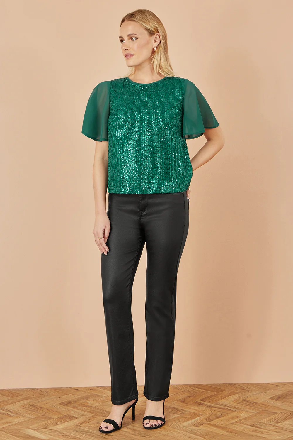 Yumi Green Sequin Top With Sheer Sleeves And Cut Out Back - Image 4