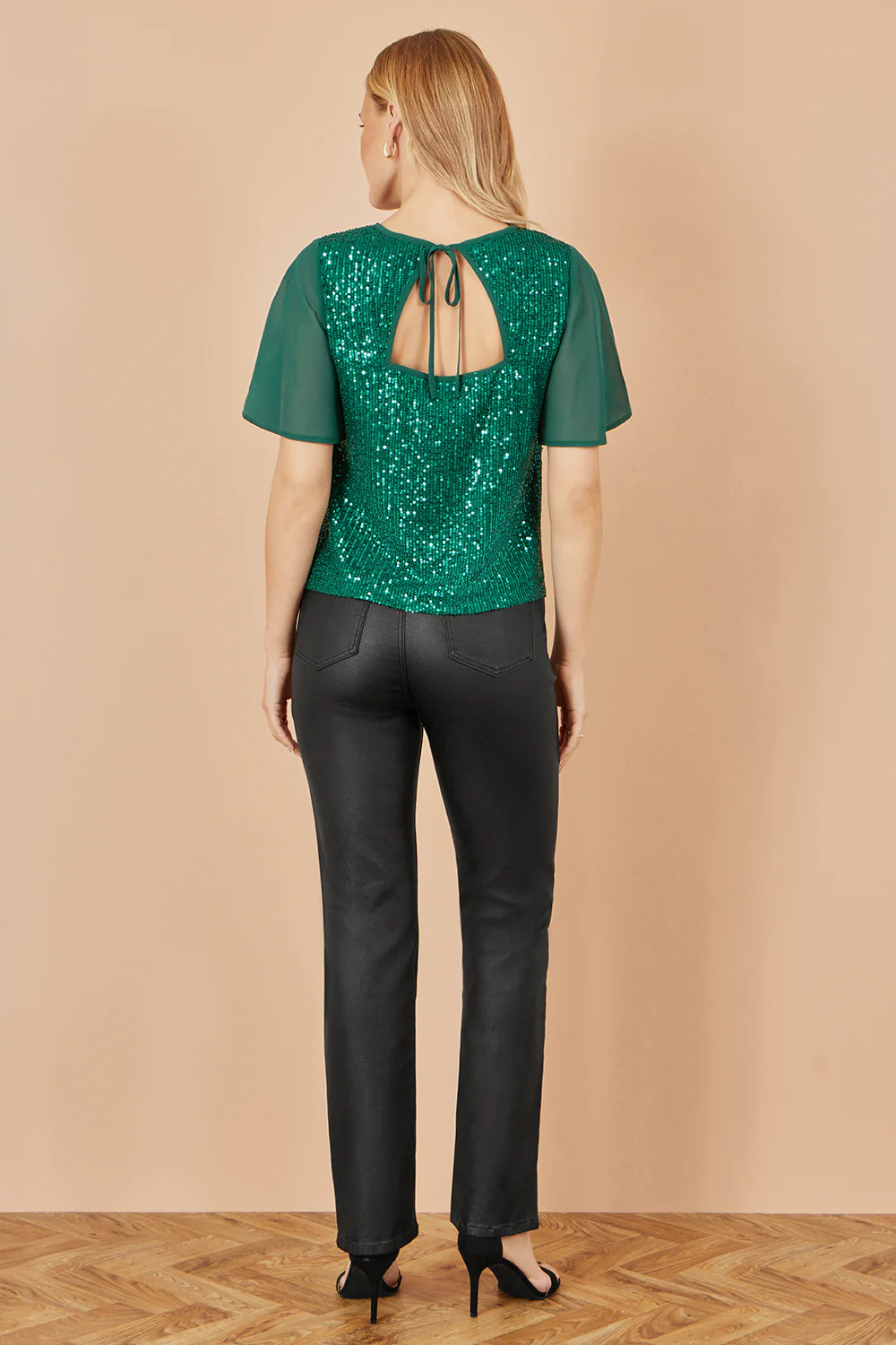 Yumi Green Sequin Top With Sheer Sleeves And Cut Out Back - Image 5