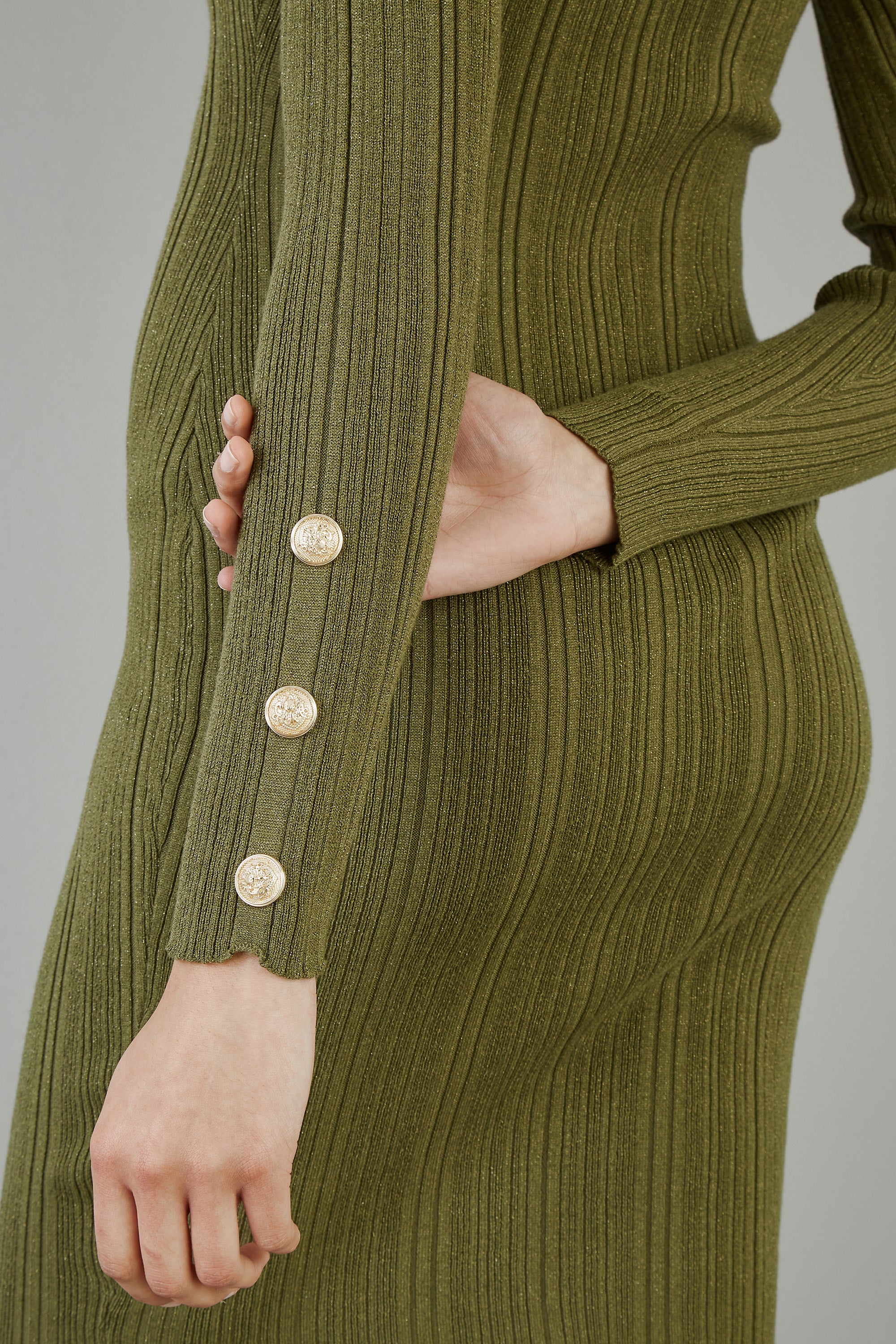 Yumi Green Shimmer Fitted Midi Dress With Button - Image 3