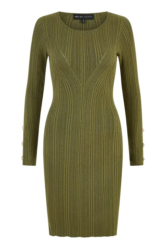 Yumi Green Shimmer Fitted Midi Dress With Button - Image 5