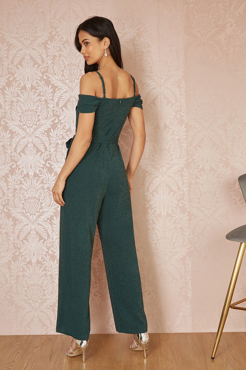 Yumi Green Sparkle Stretch Bardot Jumpsuit - Image 5