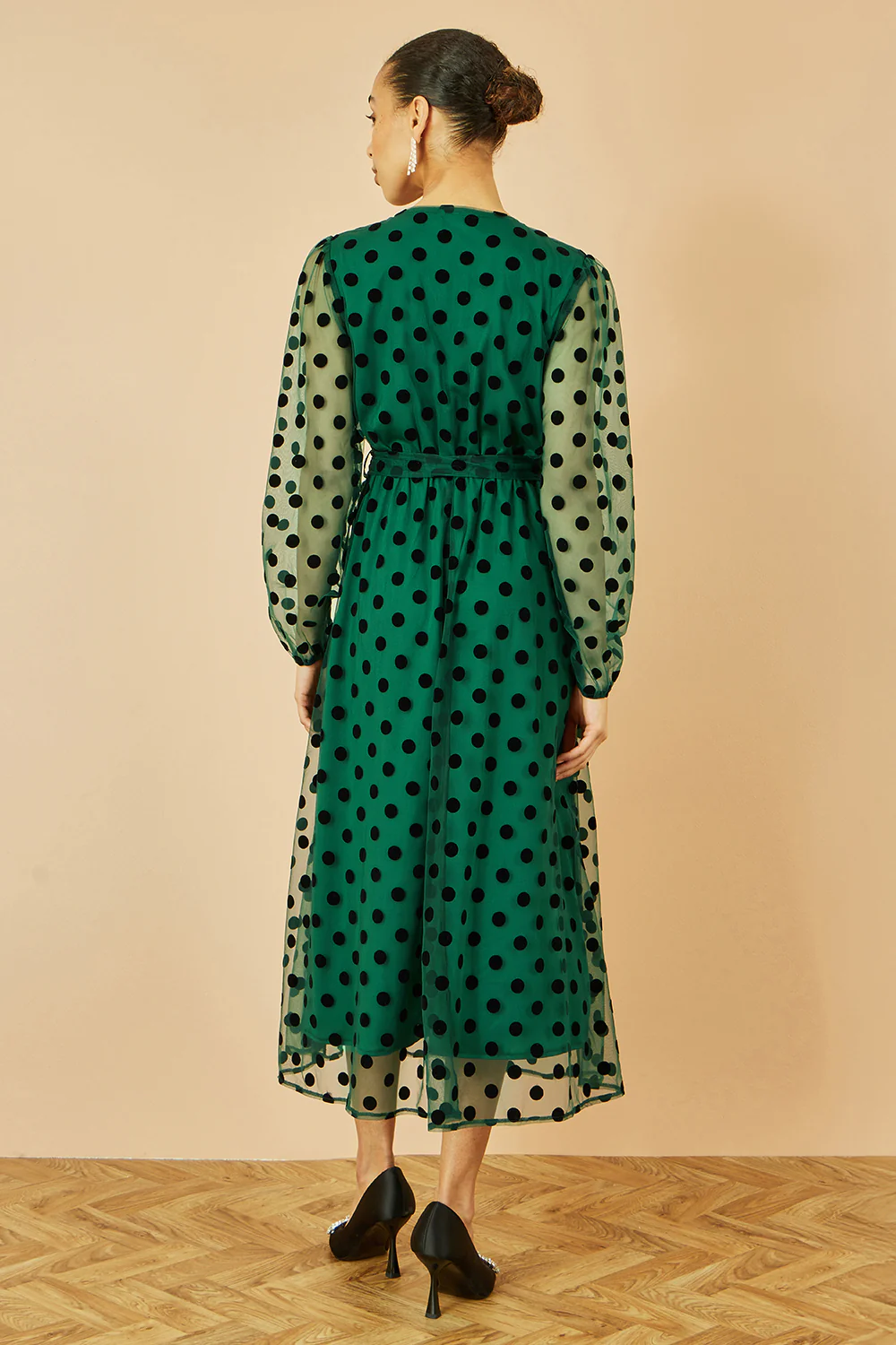 Yumi Green Spot Mesh Wrap Midi Skater Dress - Image 3