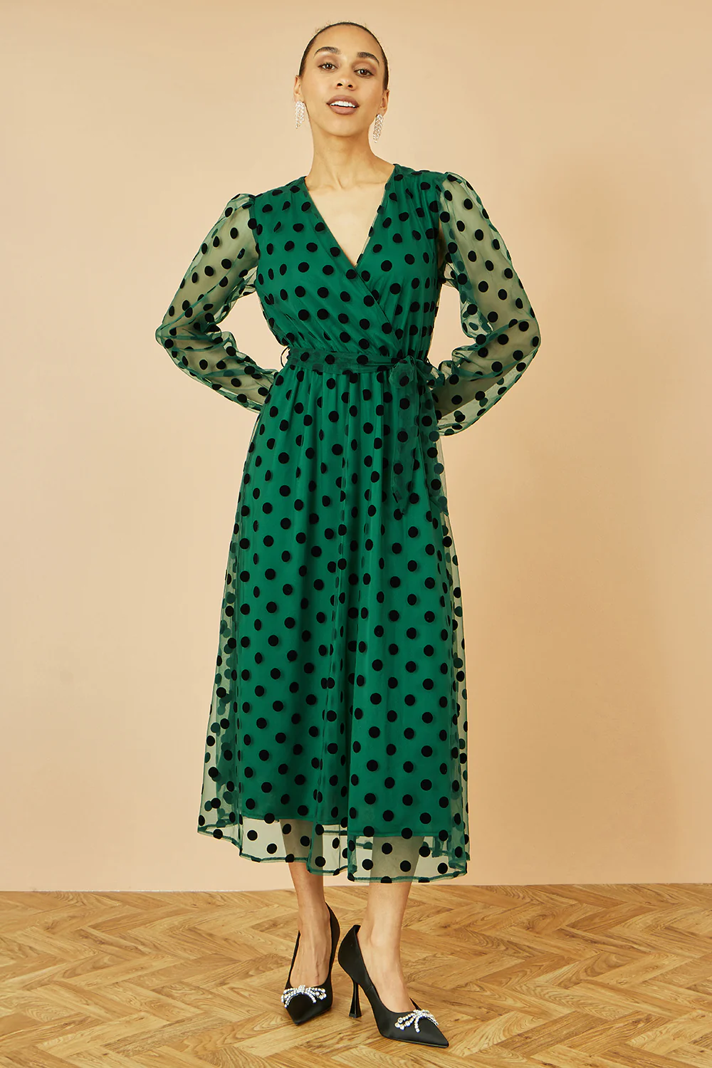 Yumi Green Spot Mesh Wrap Midi Skater Dress - Image 4
