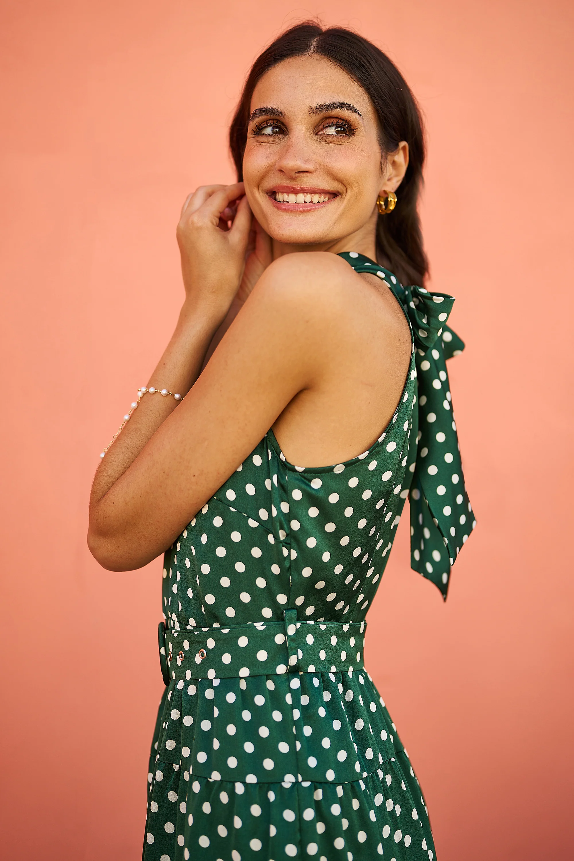 Yumi Green Spot Print Halter Midi Dress With Matching Belt - Image 3