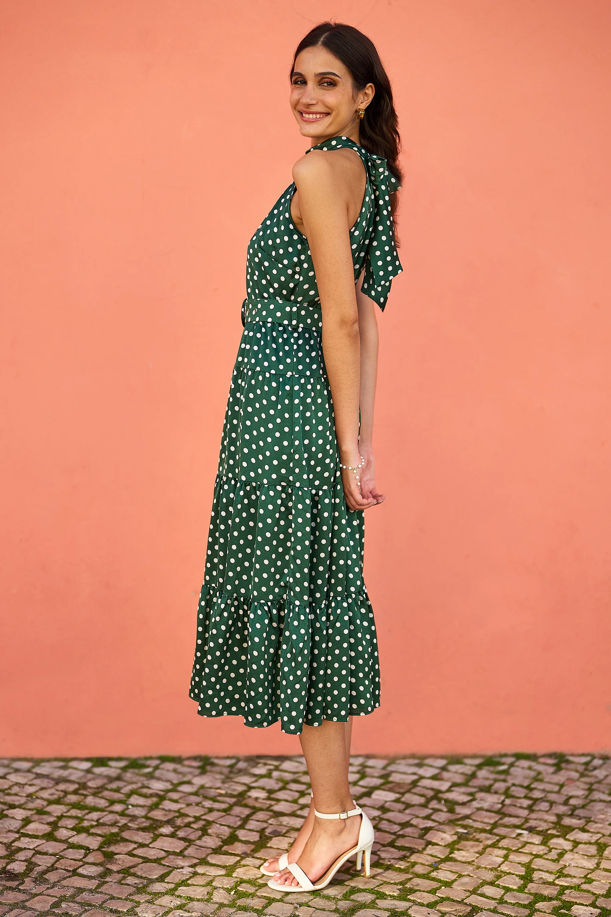 Yumi Green Spot Print Halter Midi Dress With Matching Belt - Image 4