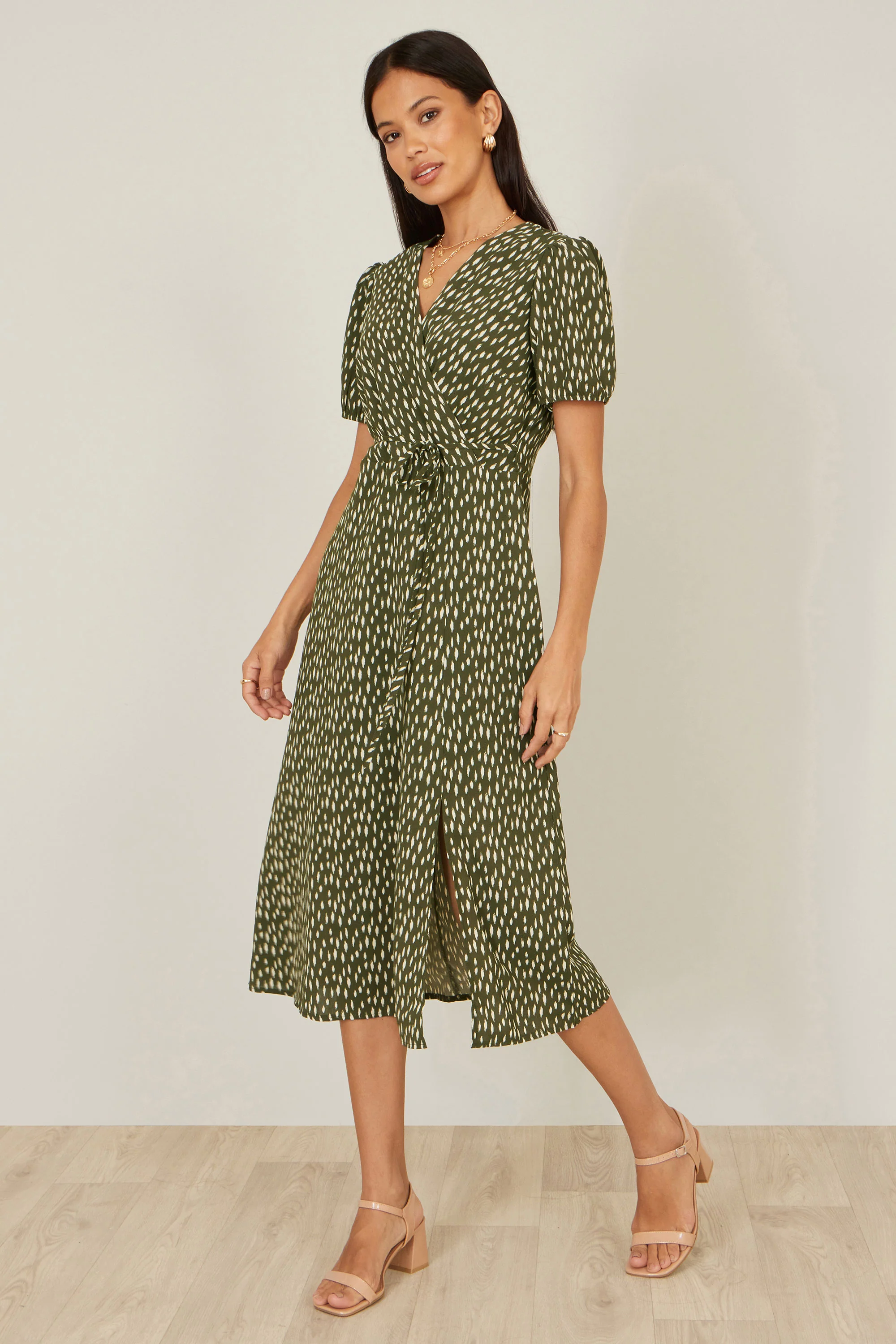 Yumi Green Spot Wrap Midi Tea Dress - Image 3