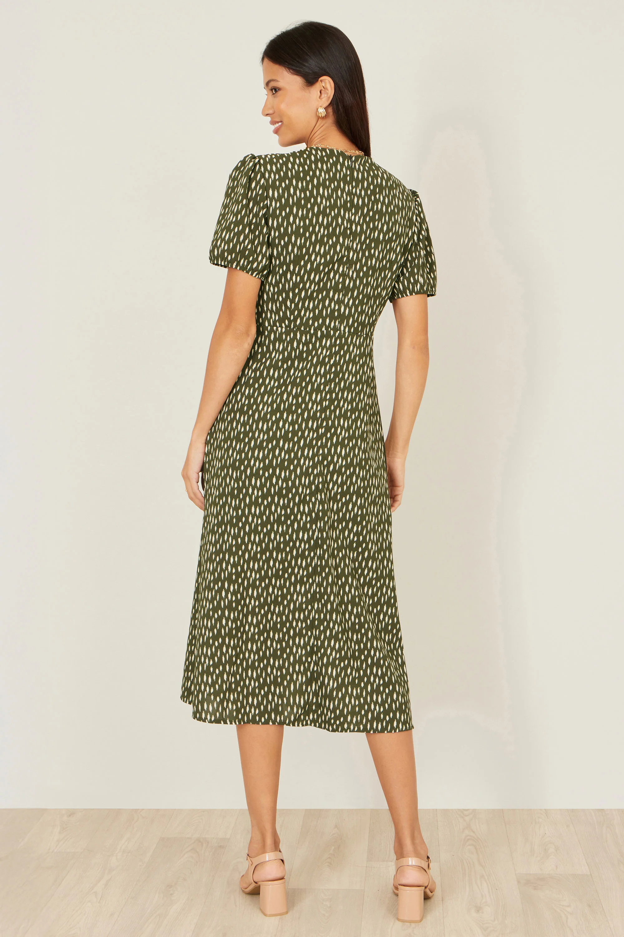 Yumi Green Spot Wrap Midi Tea Dress - Image 4