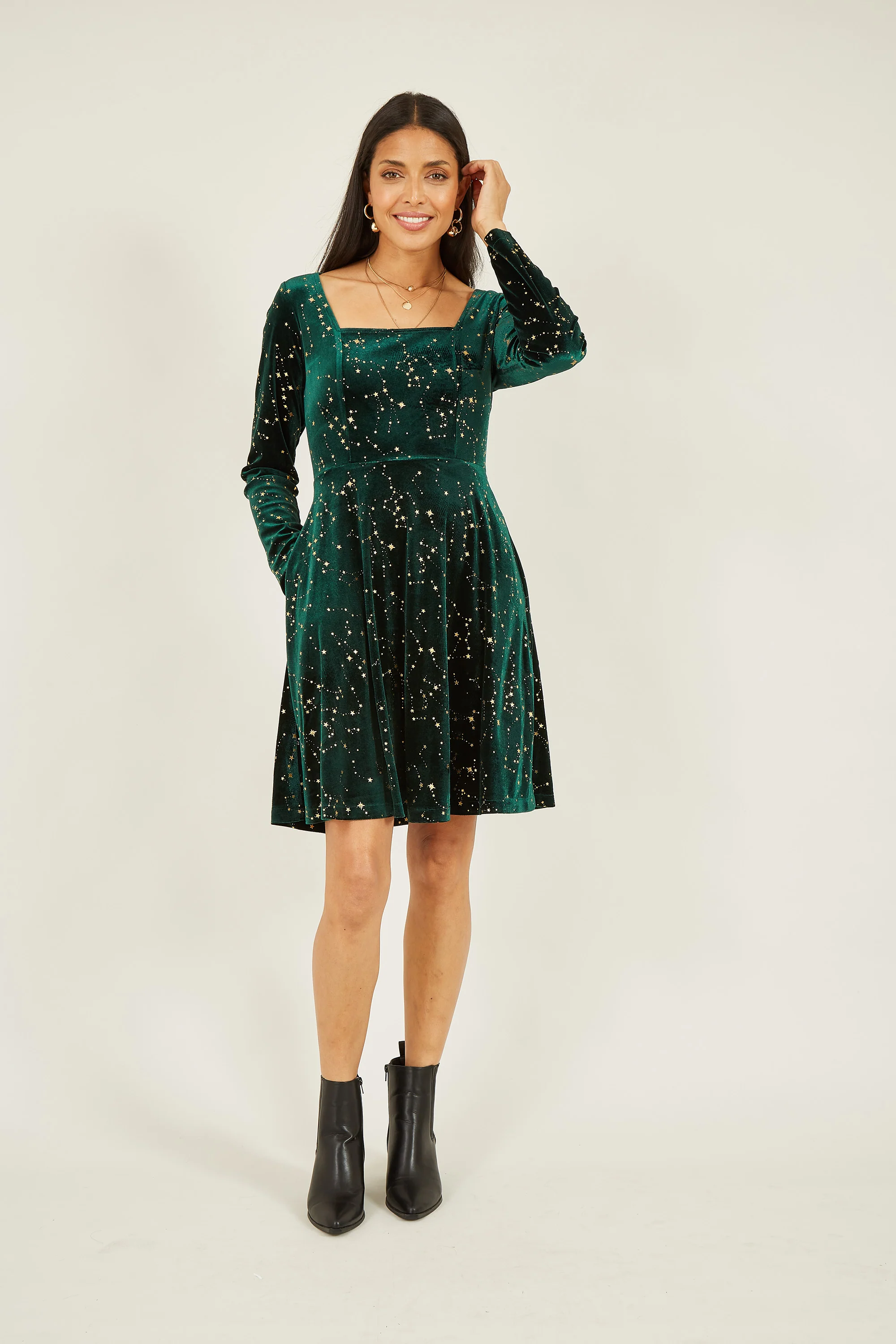 Yumi Green Star Foil Print Long Sleeve Skater Dress - Image 2