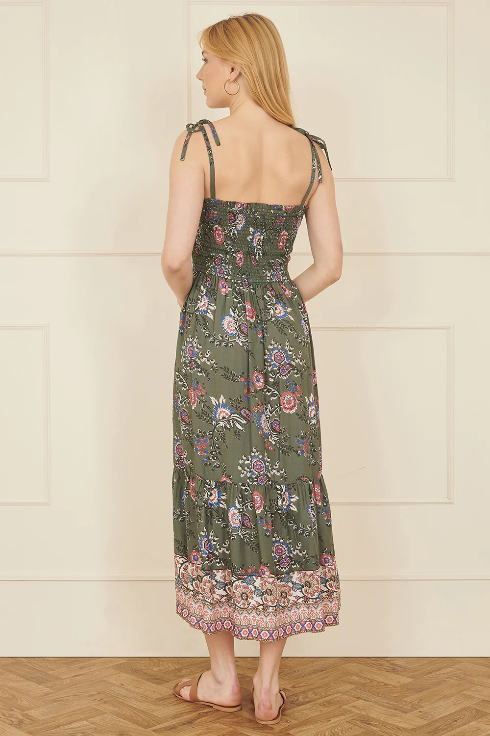 Yumi Green Strappy Paisley Print Midi Dress With Ruched Bodice - Image 3