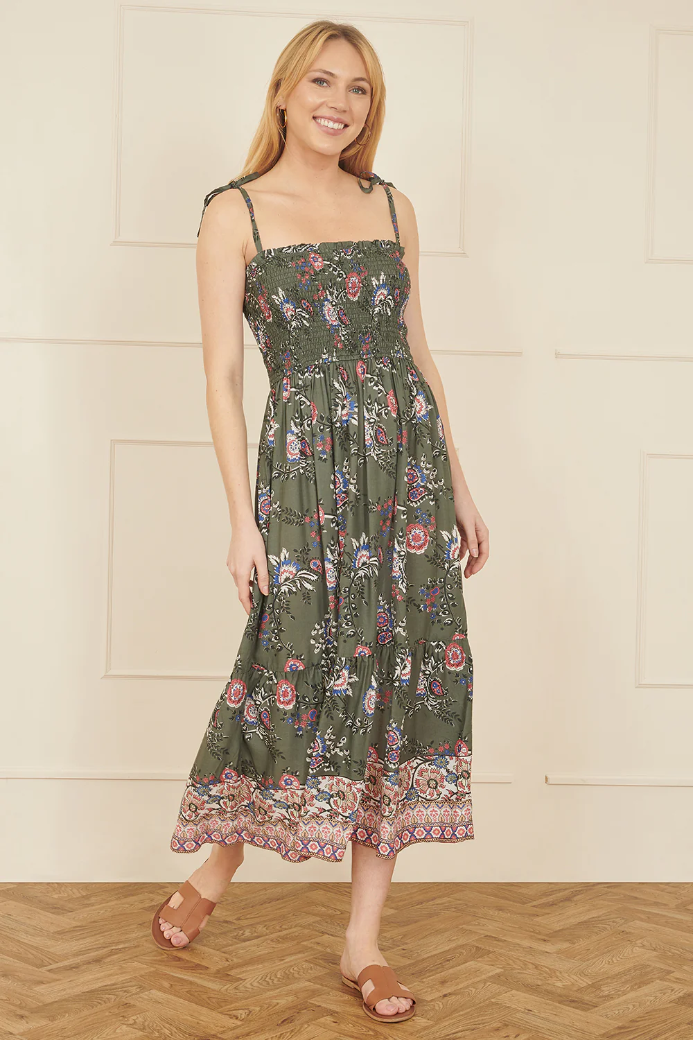 Yumi Green Strappy Paisley Print Midi Dress With Ruched Bodice - Image 4