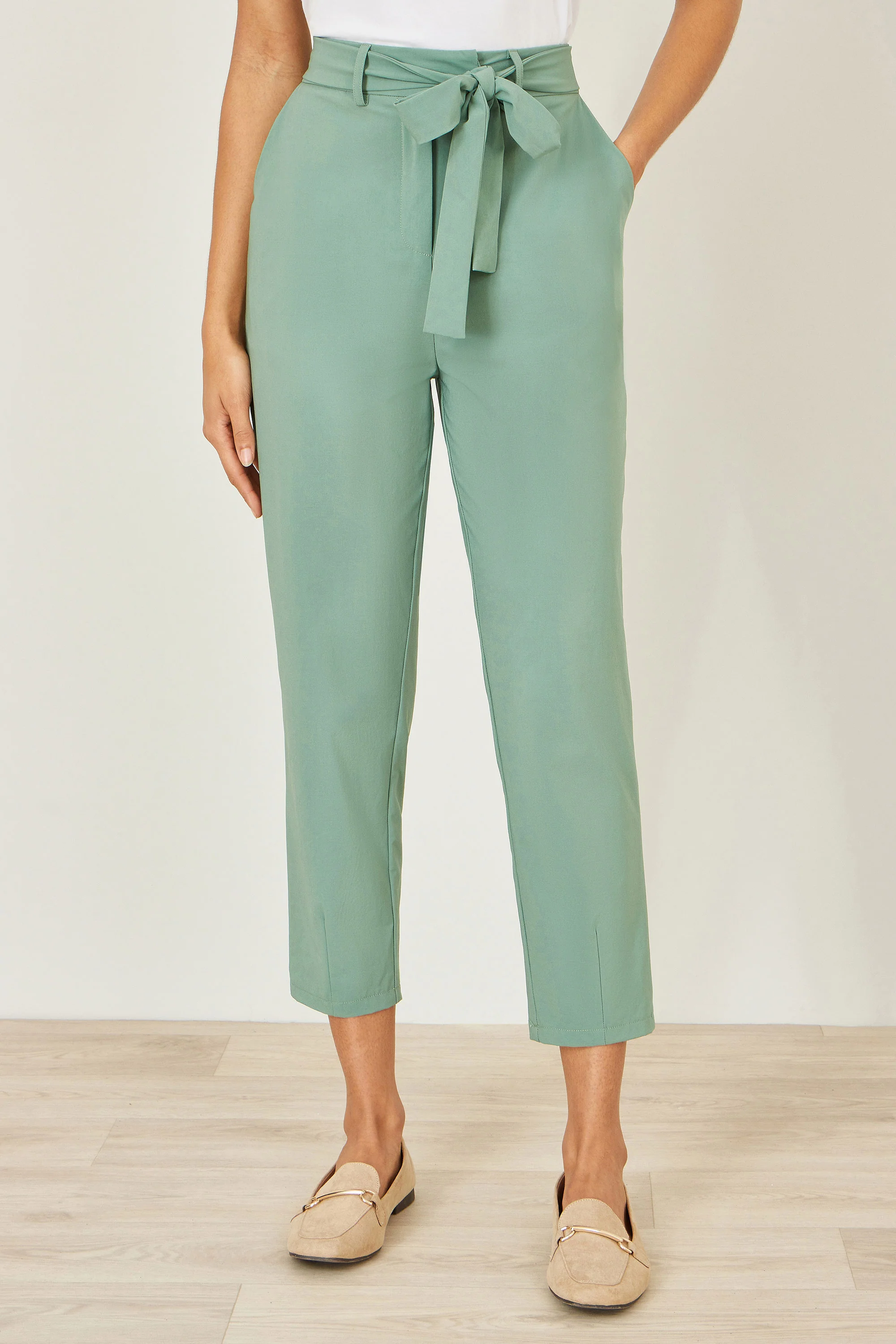 Yumi Green Stretch Capri Pants With Tie Belt - Image 2