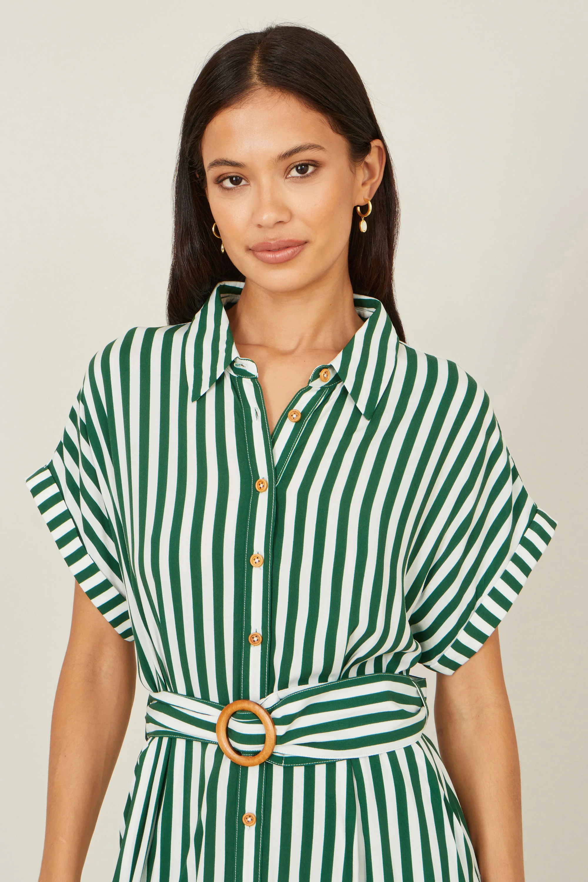 Yumi Green Stripe Print Relaxed Midi Shirt Dress With Belt - Image 2