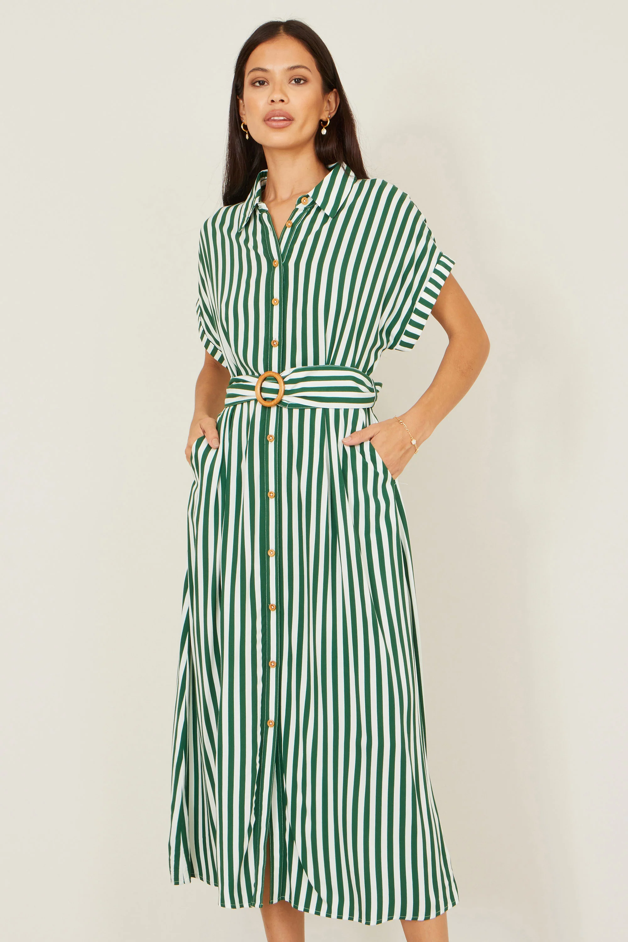 Yumi Green Stripe Print Relaxed Midi Shirt Dress With Belt - Image 3