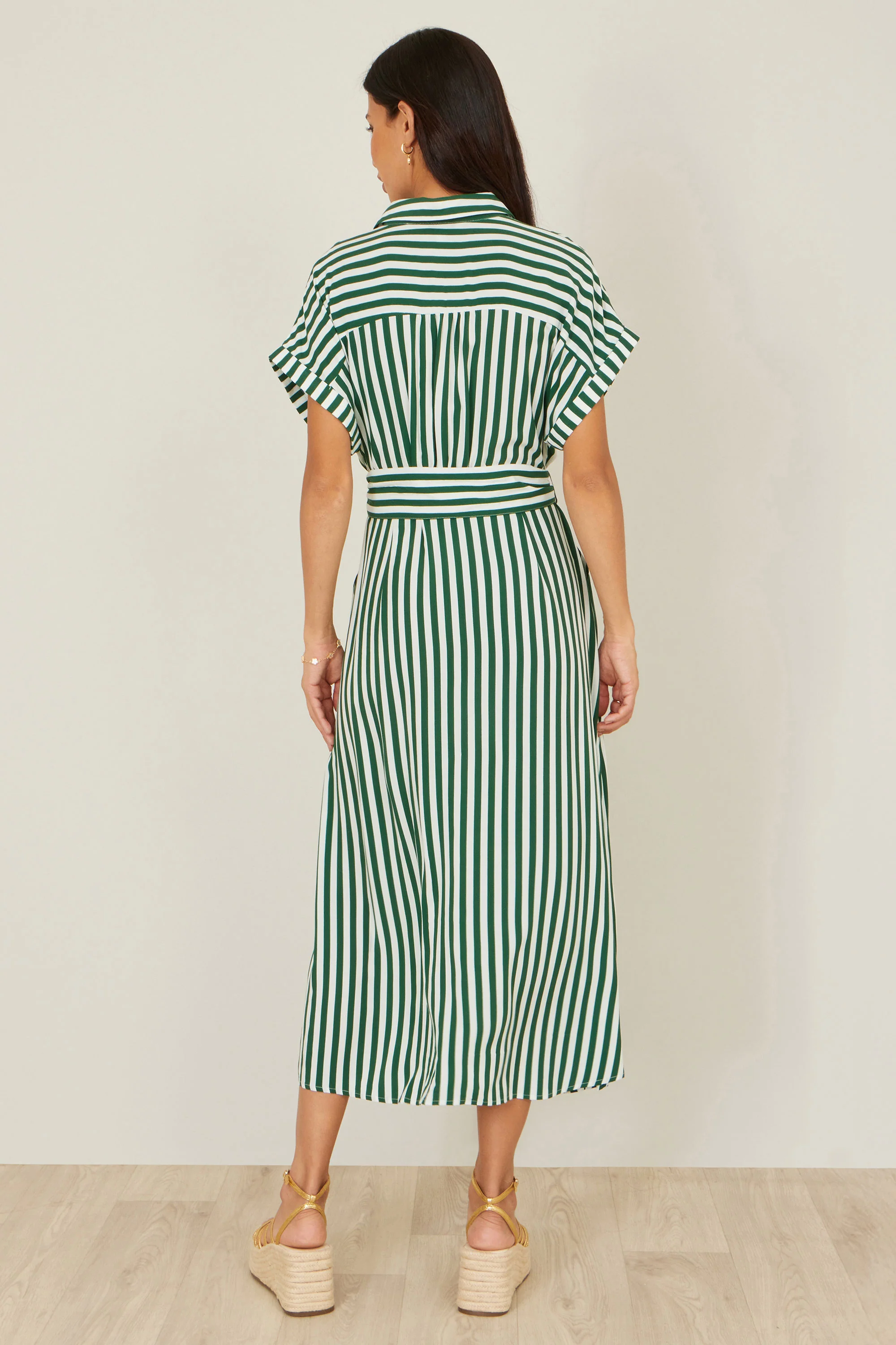 Yumi Green Stripe Print Relaxed Midi Shirt Dress With Belt - Image 4