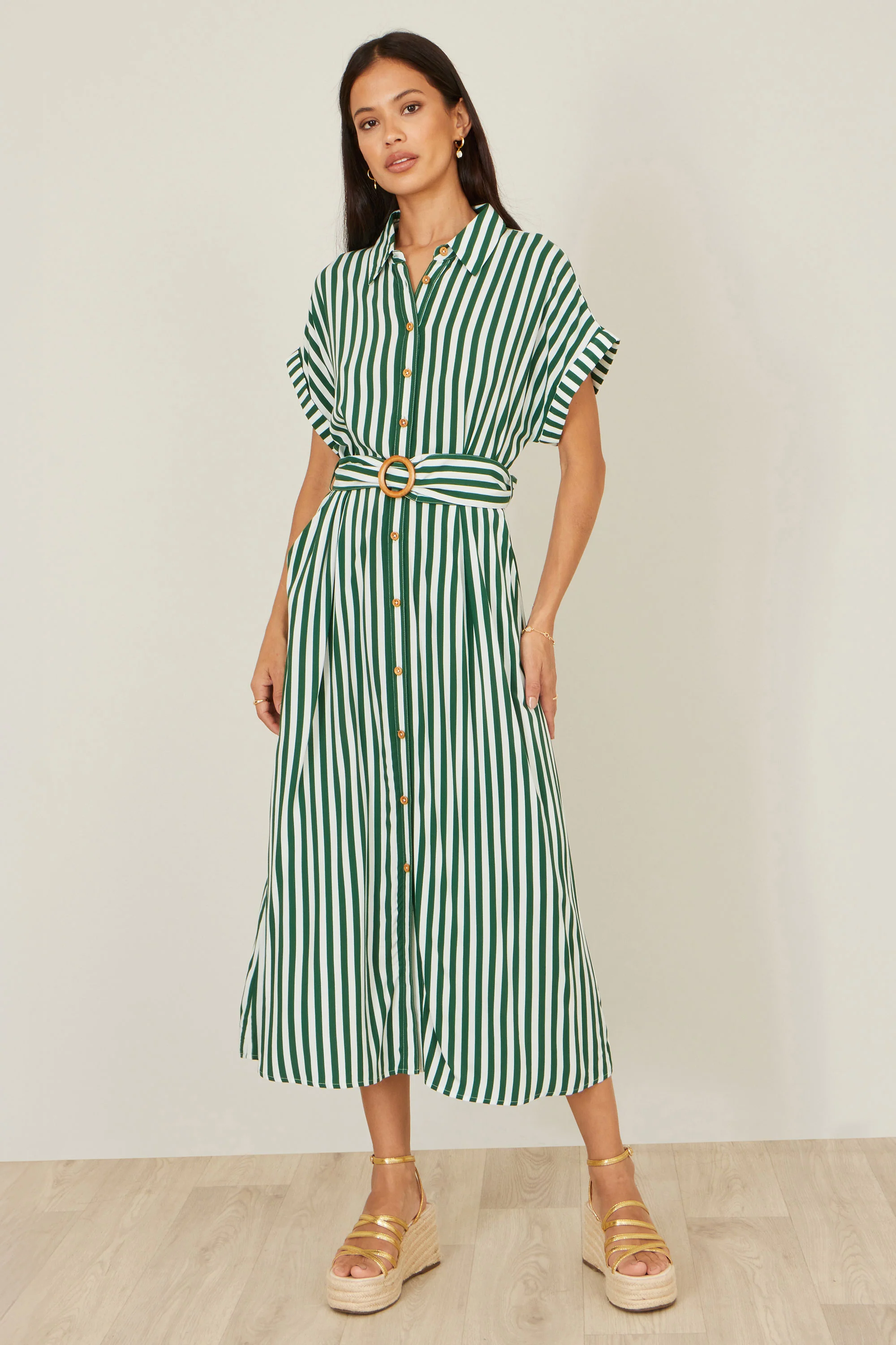 Yumi Green Stripe Print Relaxed Midi Shirt Dress With Belt - Image 5