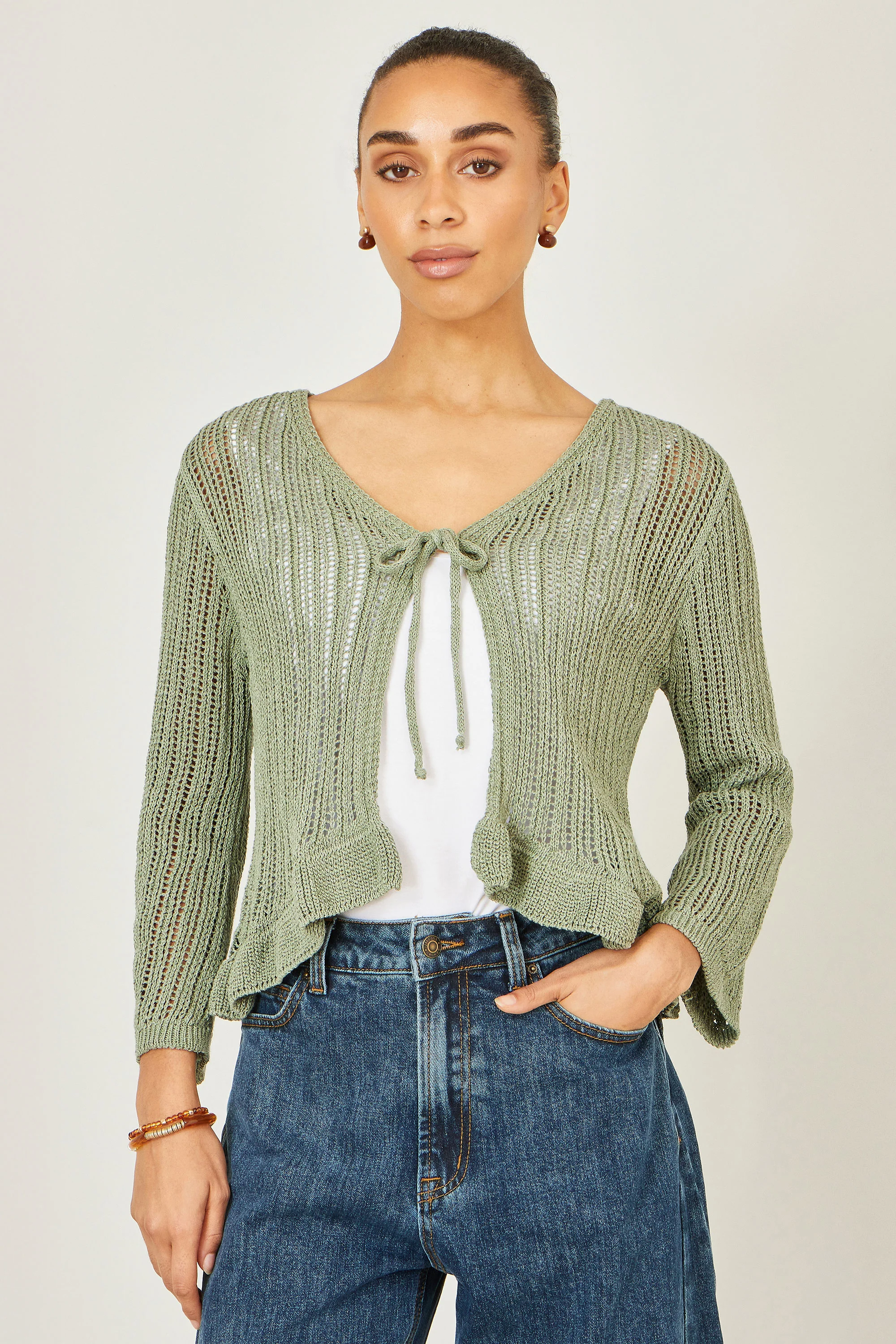 Yumi Green Tie Front Pointelle Cardigan - Image 2